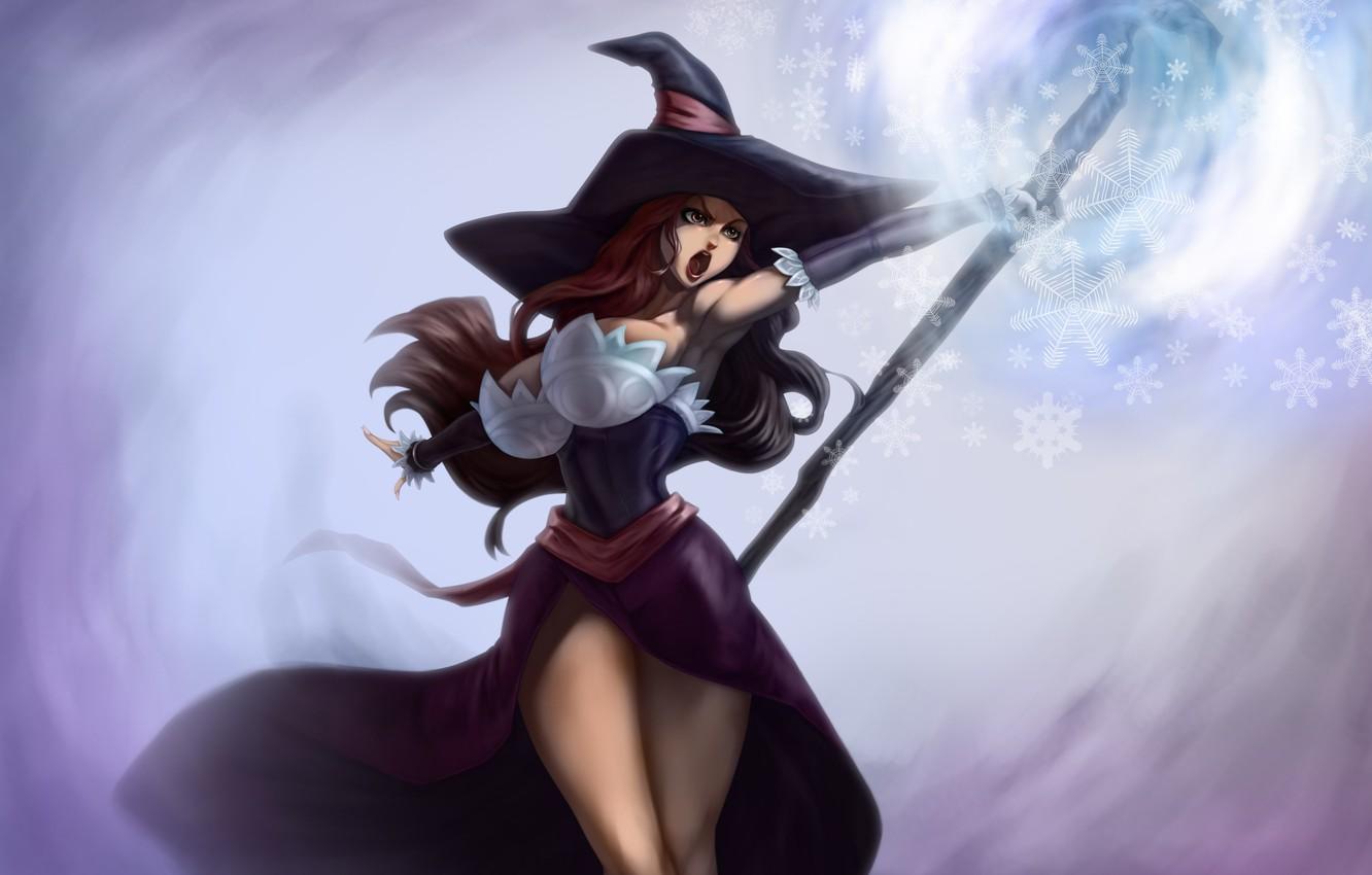 Wallpaper chest, girl, feet, hat, dress, Tits, staff, witch