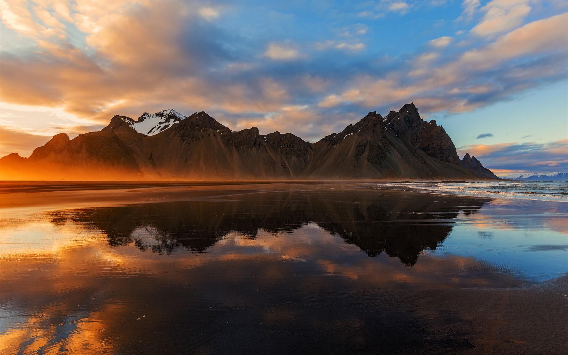 Wallpaper Iceland, mountains, sea, clouds, sunset, water reflection
