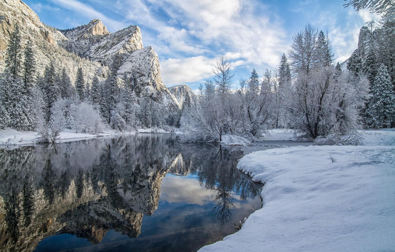 Wallpaper winter, snow, trees, mountains, reflection, river