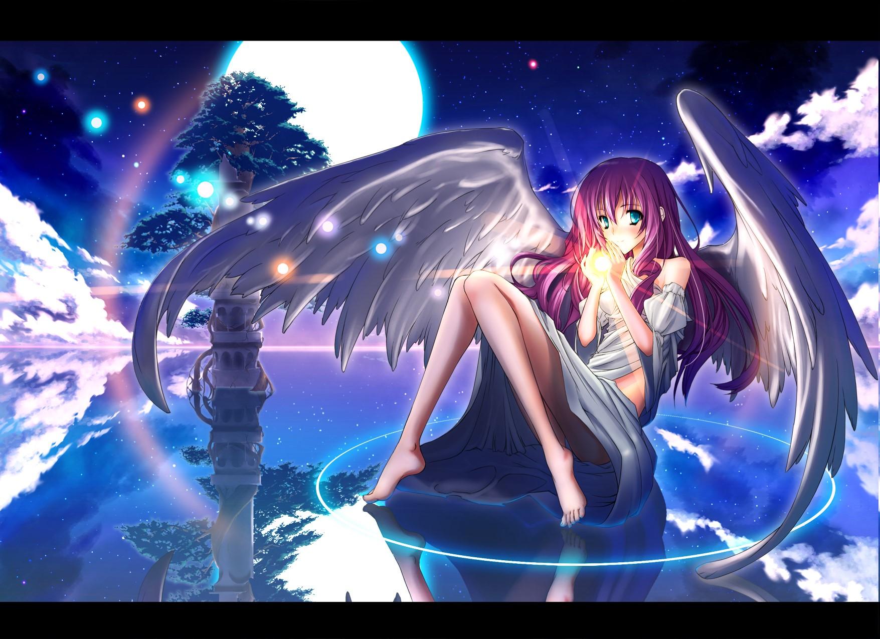anime angel wings long hair anime girls moonlight original