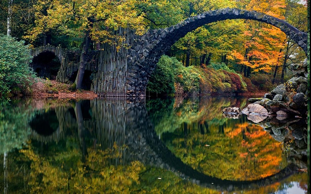 nature, Landscape, Fall, Colorful, Bridge, Forest, Reflection, River