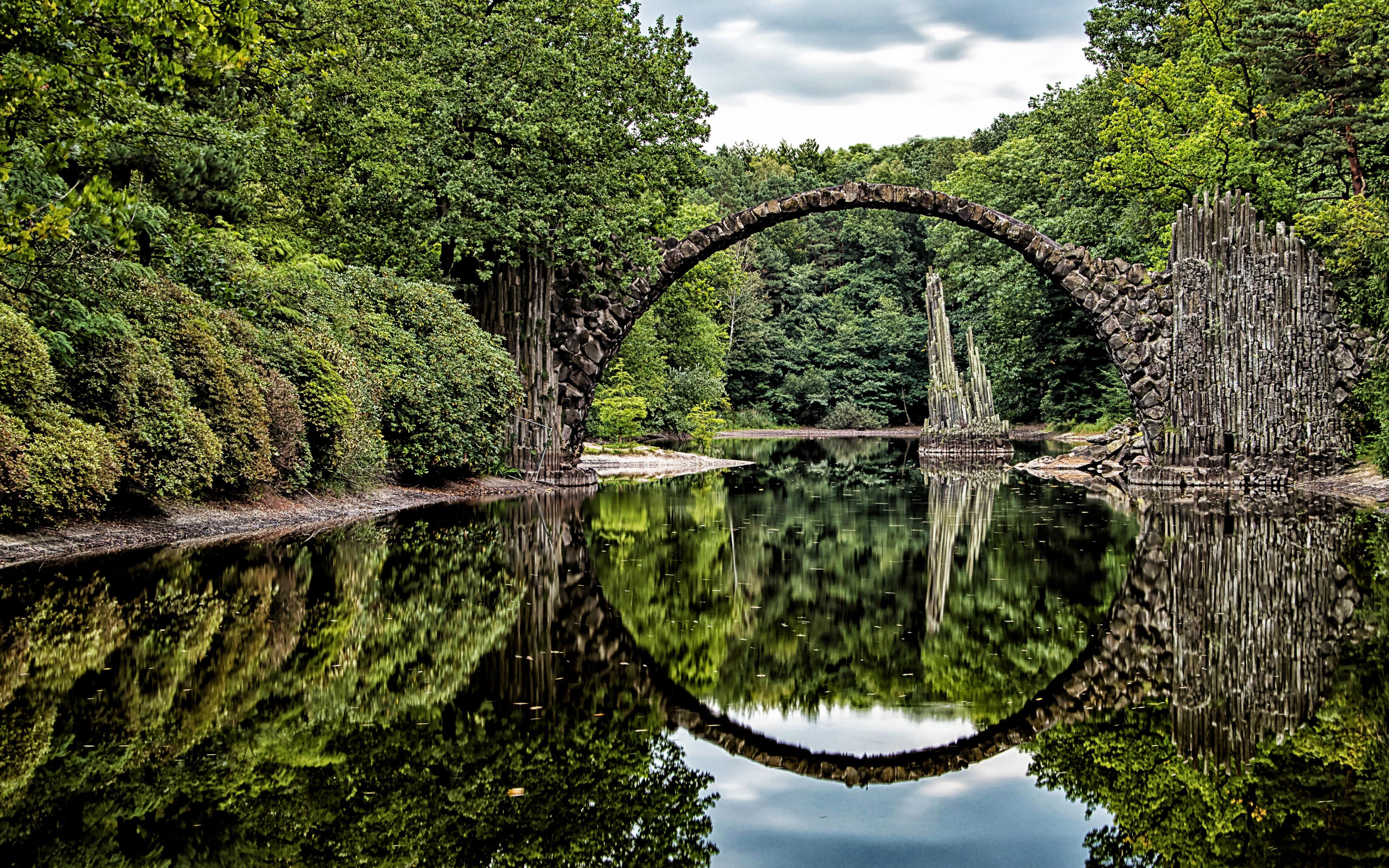 Download wallpaper 3840x2400 bridge, arch, trees, river, reflection
