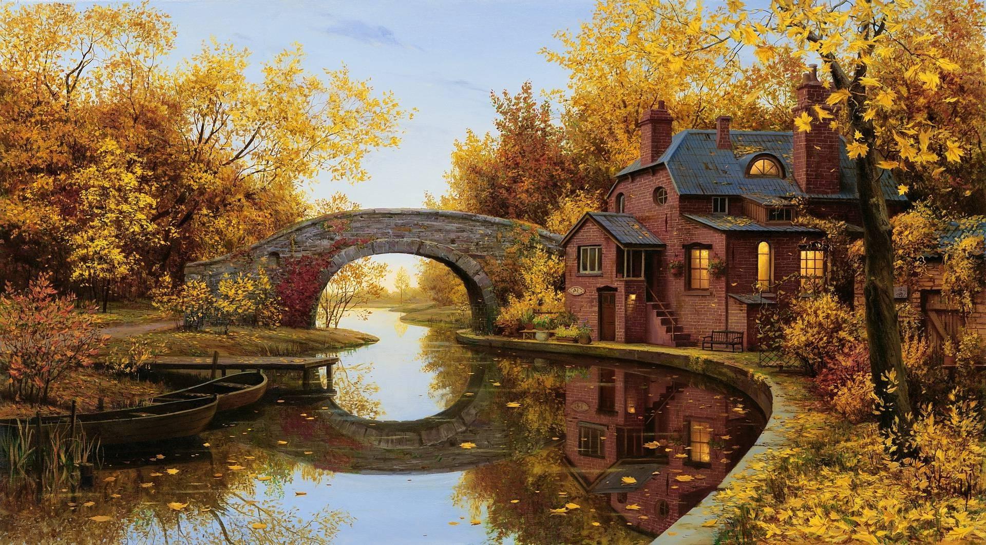 reflection bridge arch river house trees boat fall