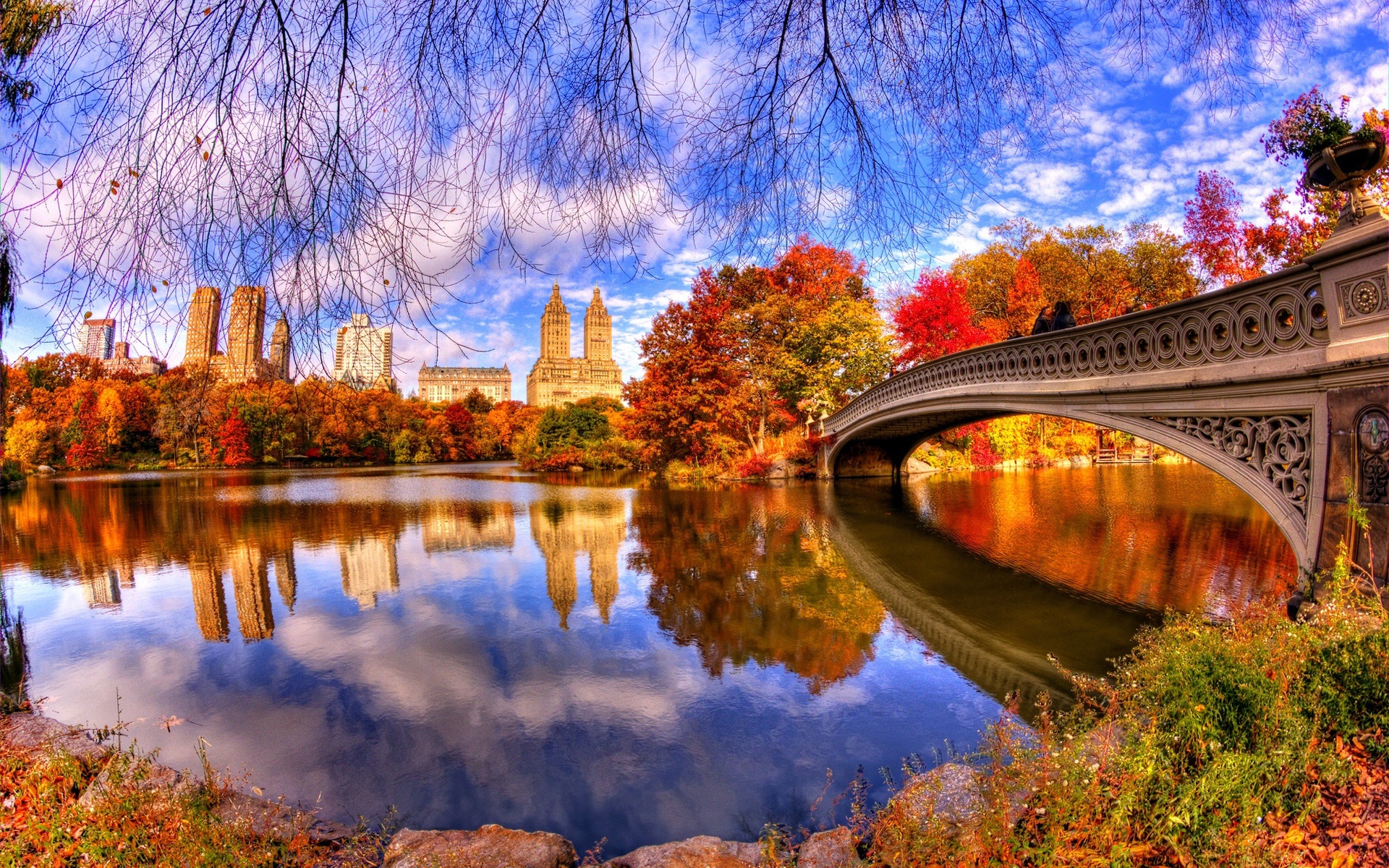 Wallpaper Autumn, nature, park, trees, water, bridge, reflection