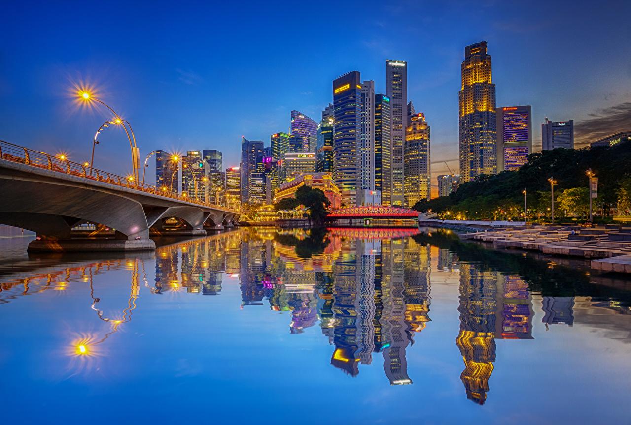 Desktop Wallpaper Chicago city USA Bridges reflected river Evening