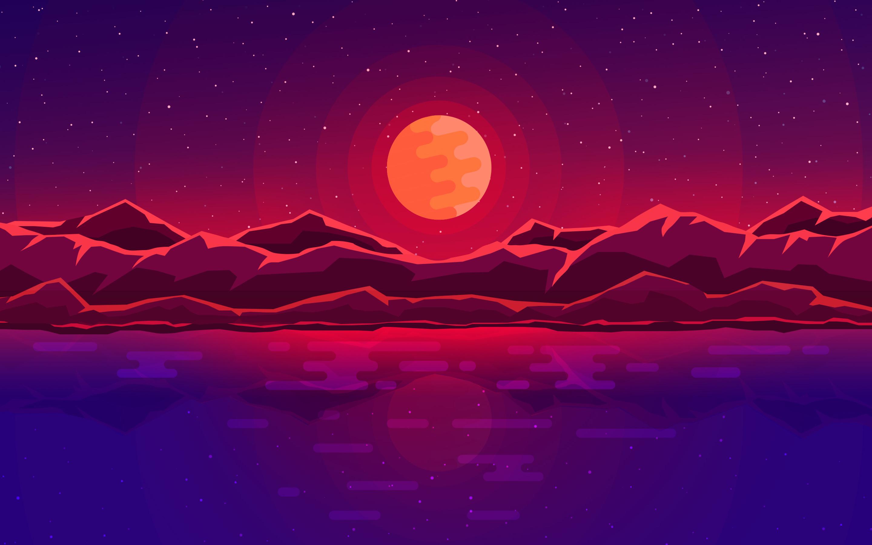 Download wallpaper abstract nightscape, moon, mountains, lake