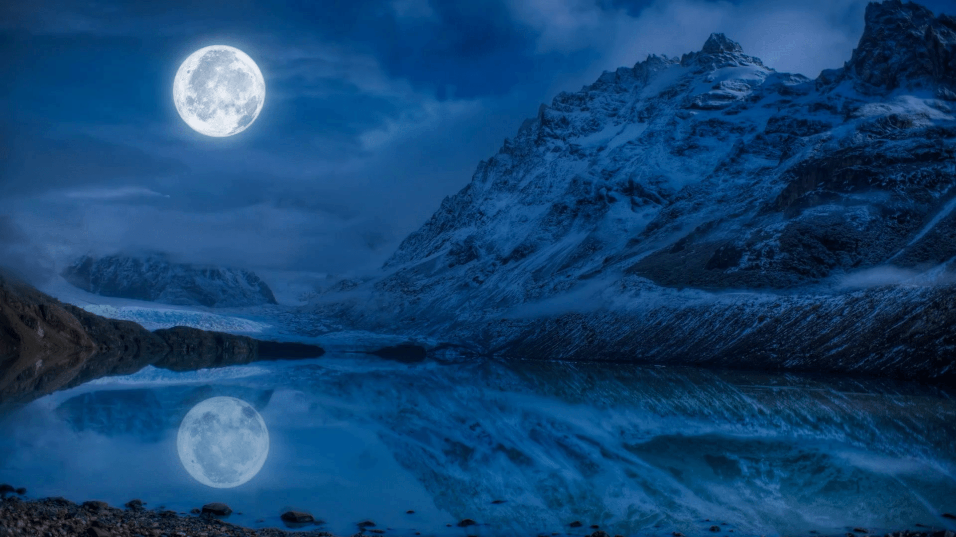 Night mountain moon scape with snow and lake loop