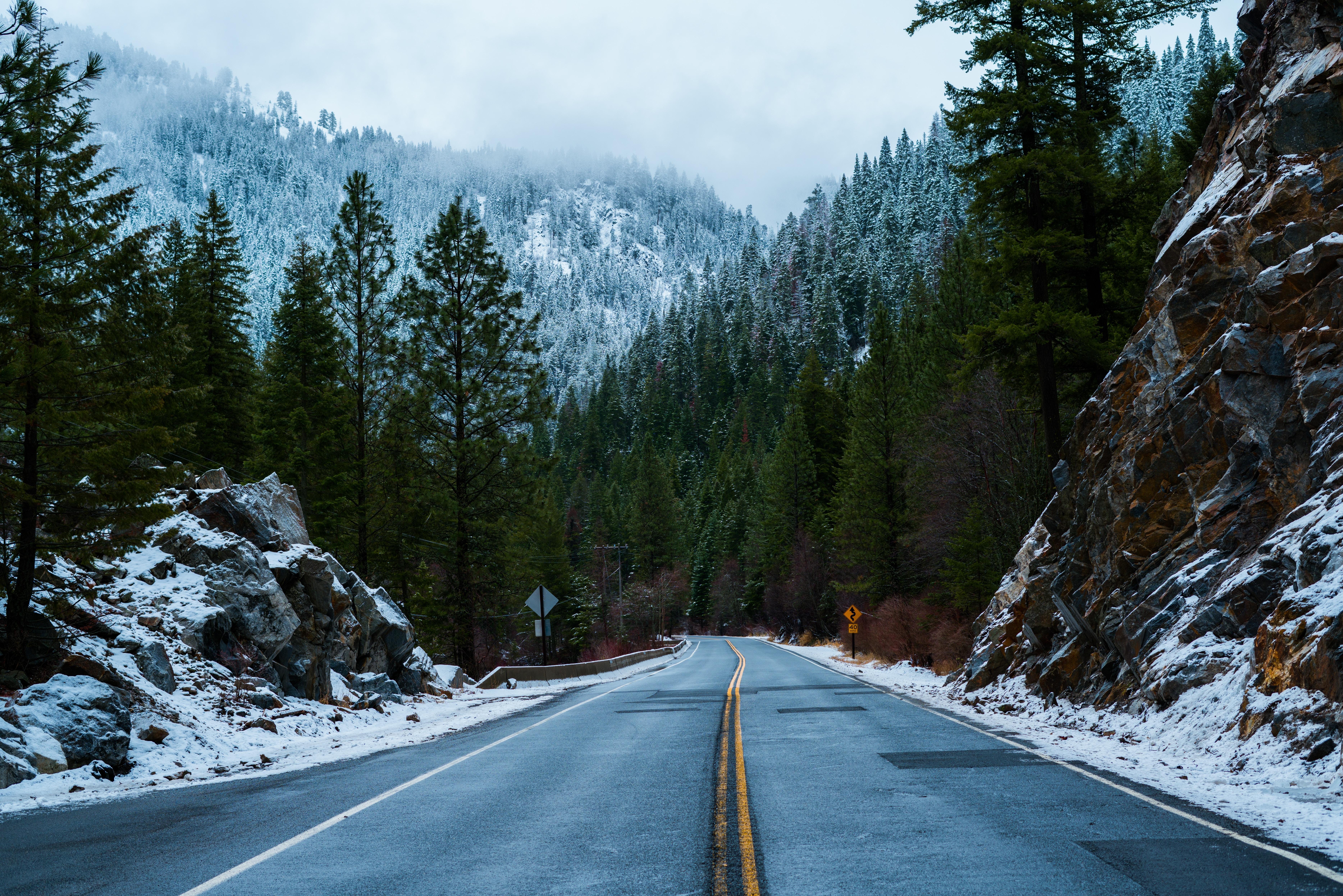 Download 7470x4983 Road, Snow, Forest, Mountain, Rock, Winter