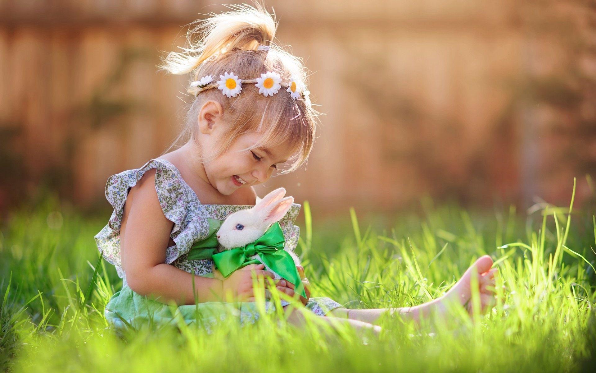 Child Girl Playing With White Rabbit JPEG Image