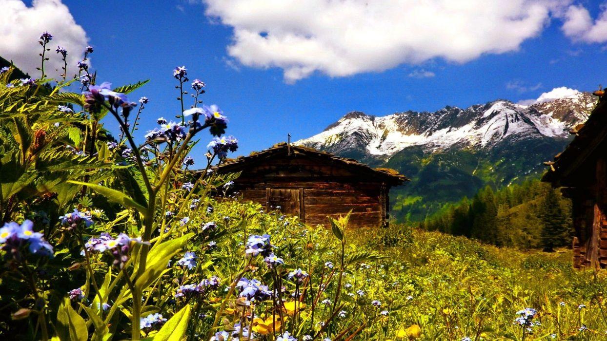 Mountain Summer Flowers Peaks Cottage Alps Cabin Hut Wooden Peaceful