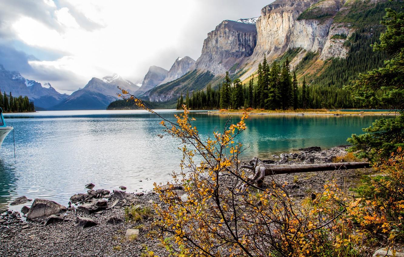 Wallpaper Nature, Mountains, Autumn, Lake, Canada, Landscape, Alberta, Maligne Lake, Spirit Island image for desktop, section природа