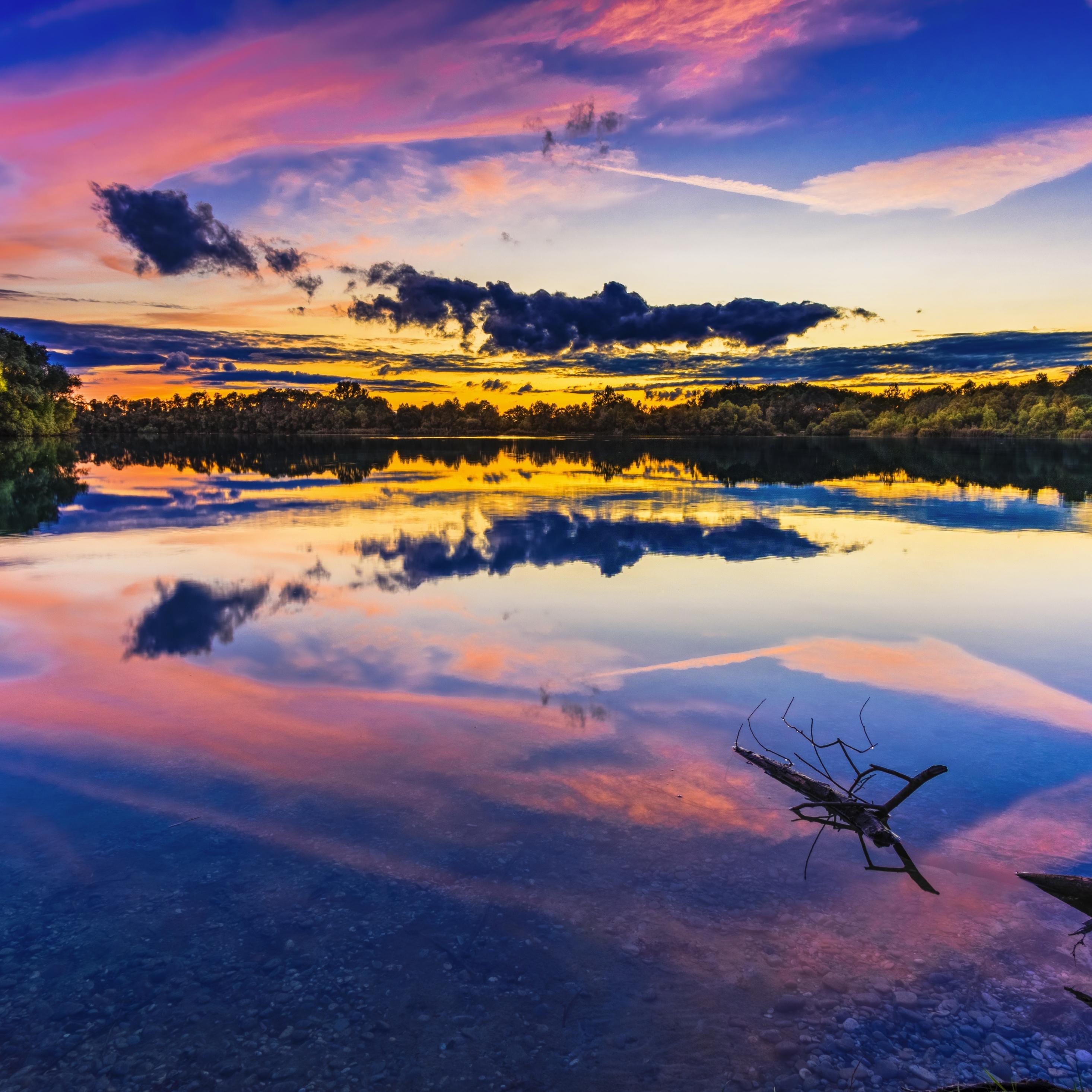 Download 2932x2932 wallpaper lake, sunset, reflections, colorful sky