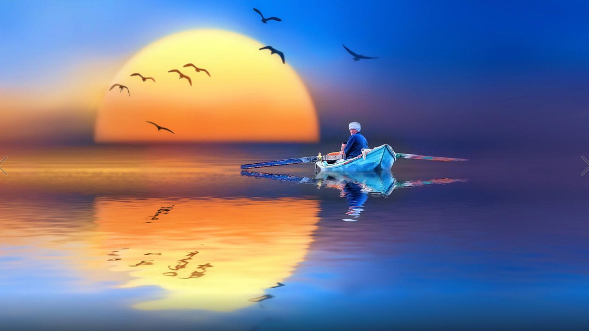 Sunset Lake Fishing Camec.ptici Flight Reflection In Water Art HD