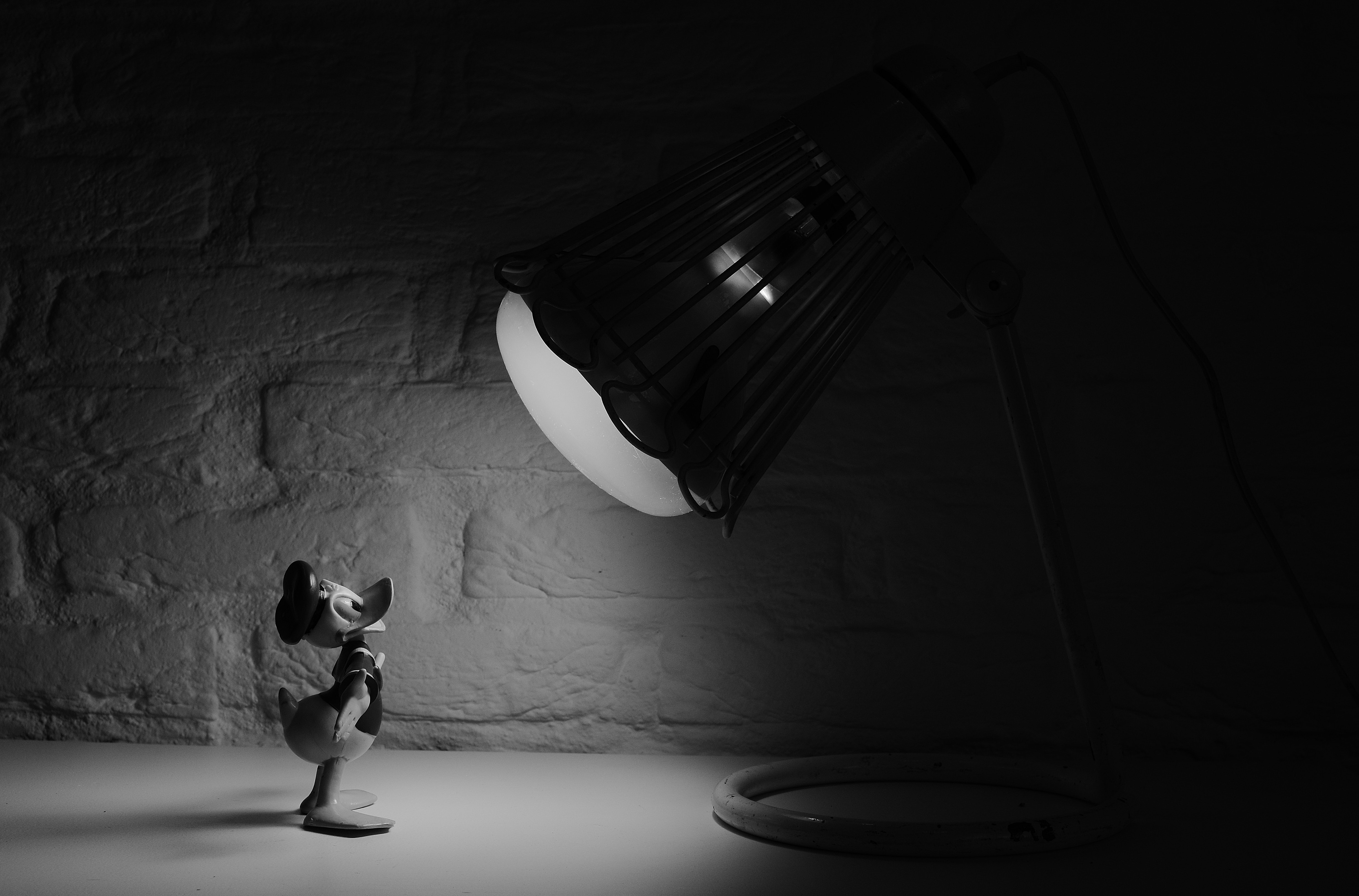 Grayscale Photography of Donald Duck in Front of Lamp · Free