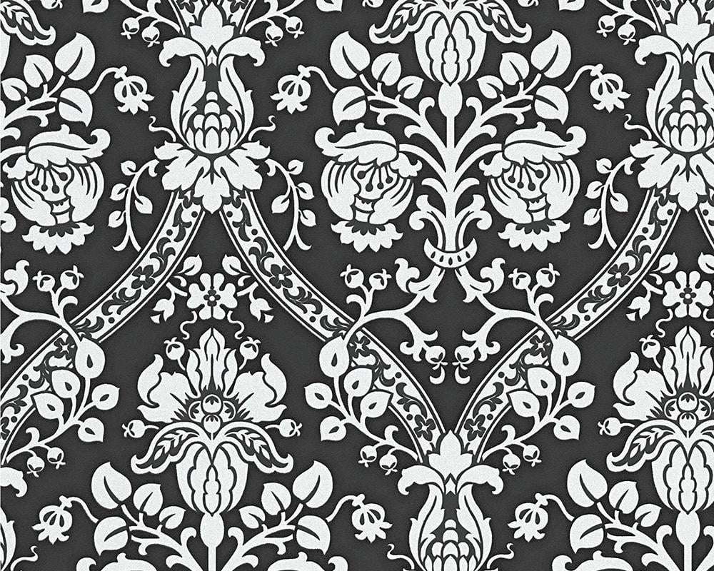 Classic Baroque Wallpaper in Black, White, and Metallic design