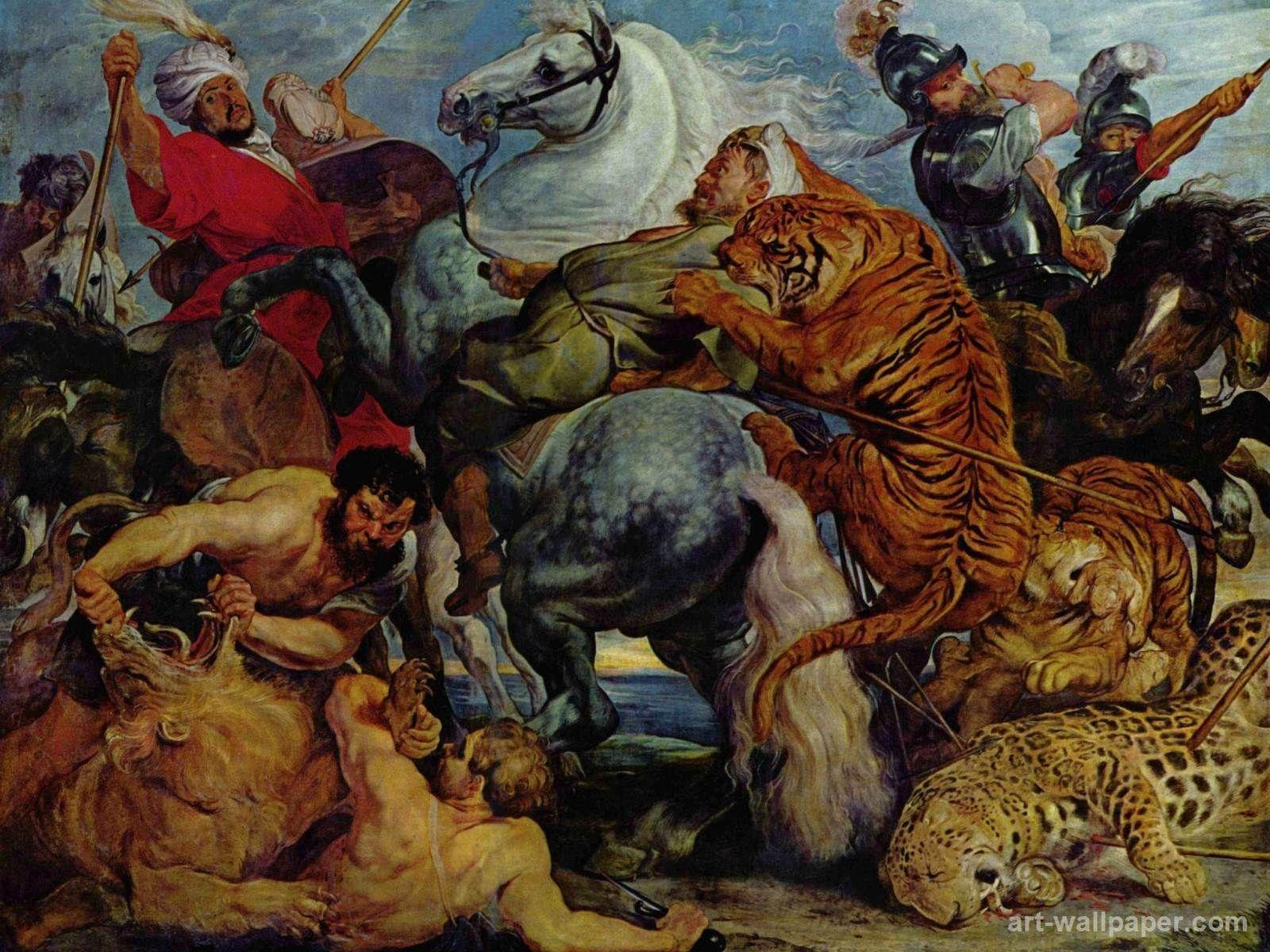 reubens the tiger hunt. Tiger and lion hunting, Rubens Peter Paul