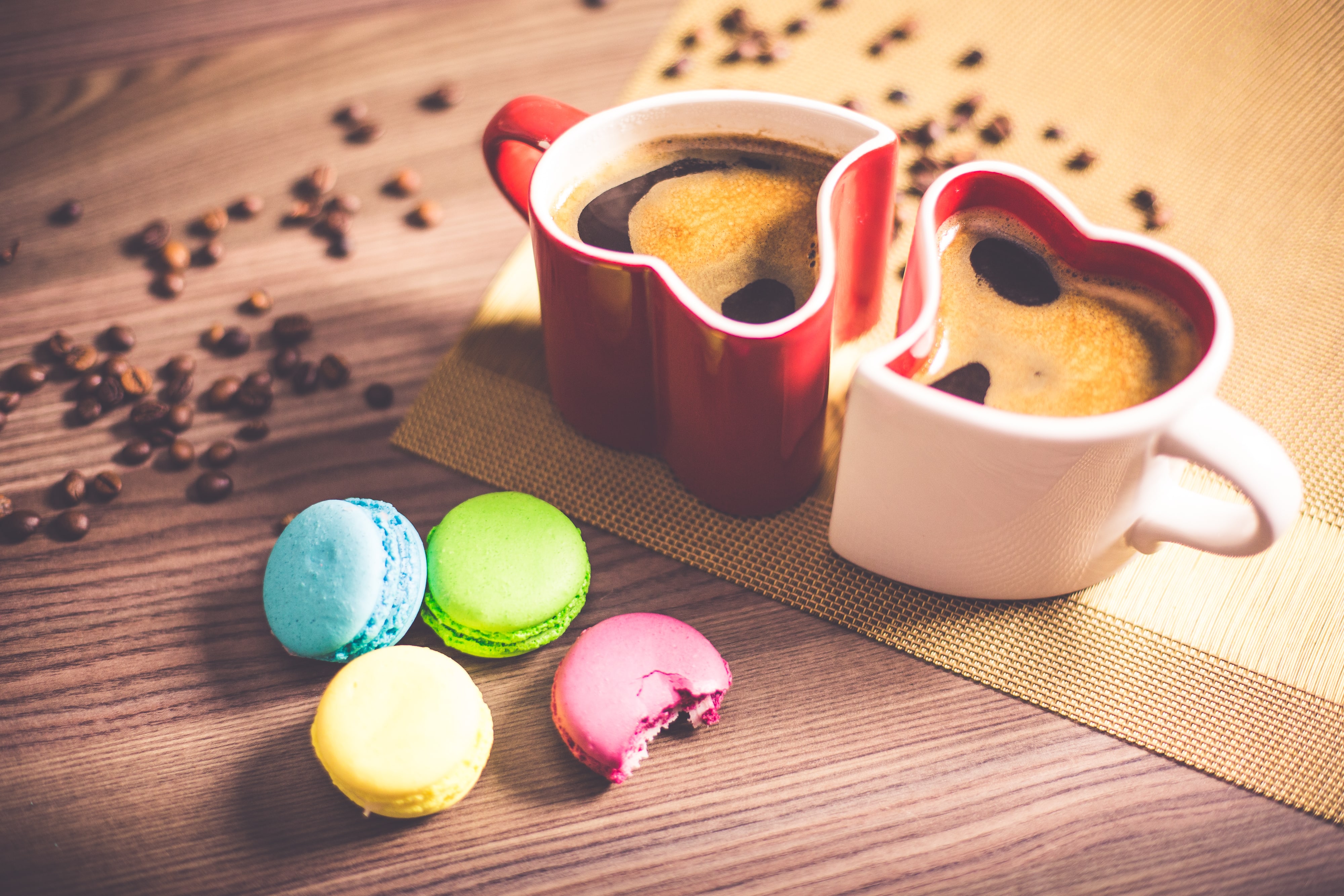 Coffee in heart cups and macarons Wallpaper and Free Stock