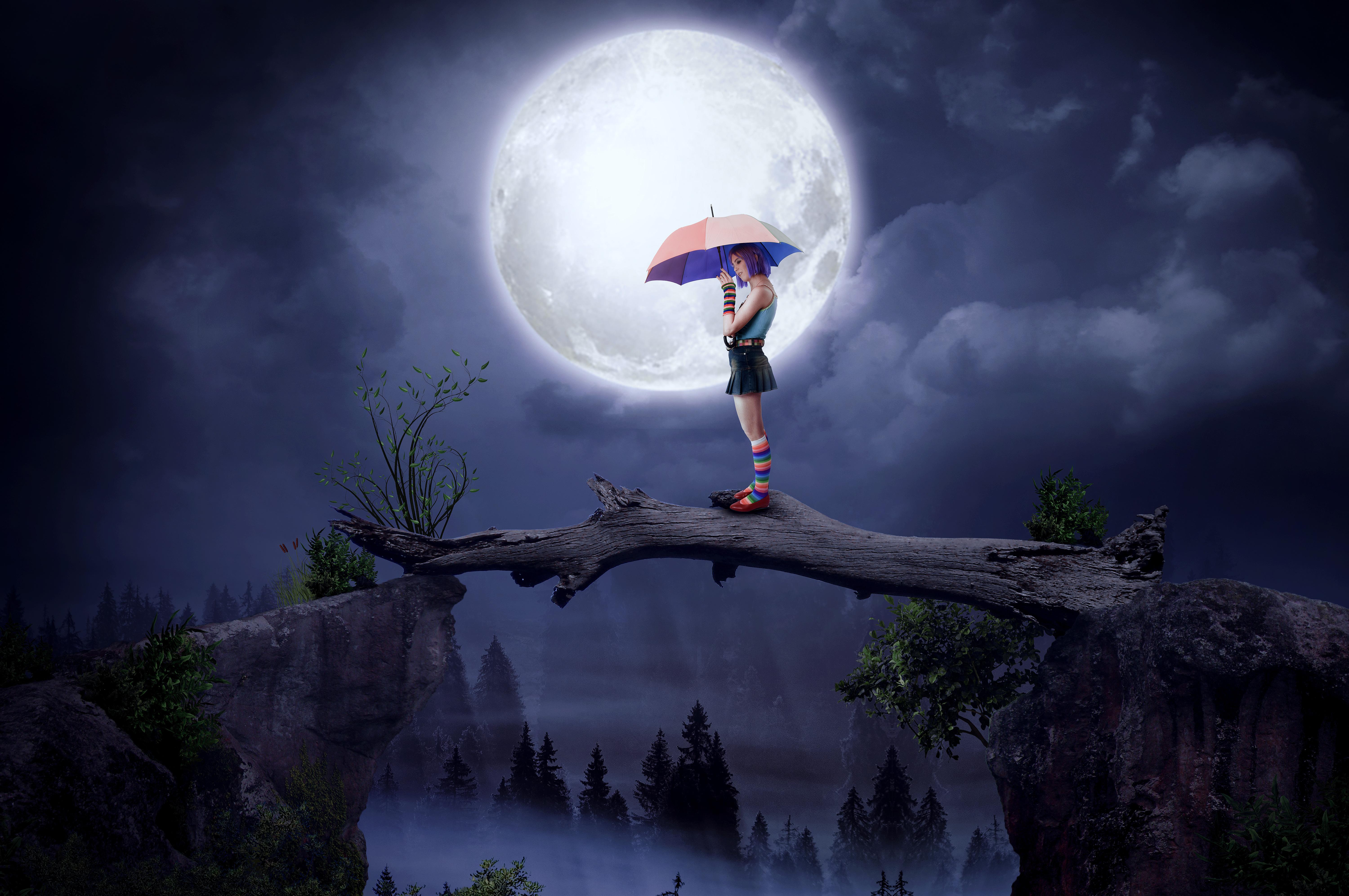 Girl With Umbrella Big Moon Digital Art 5k, HD Artist, 4k Wallpaper
