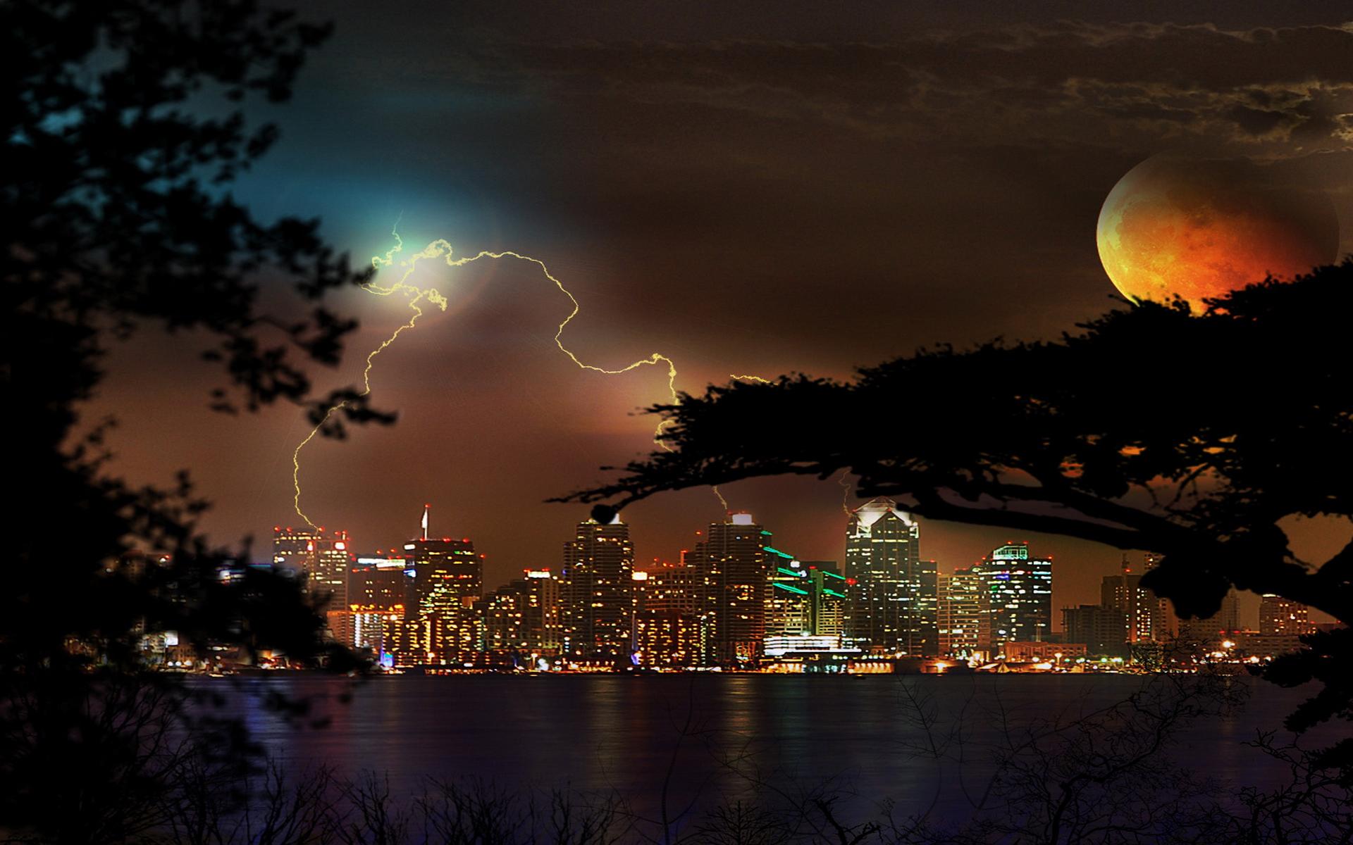 Free download Wallpaper night city storm moon lights HD Desktop