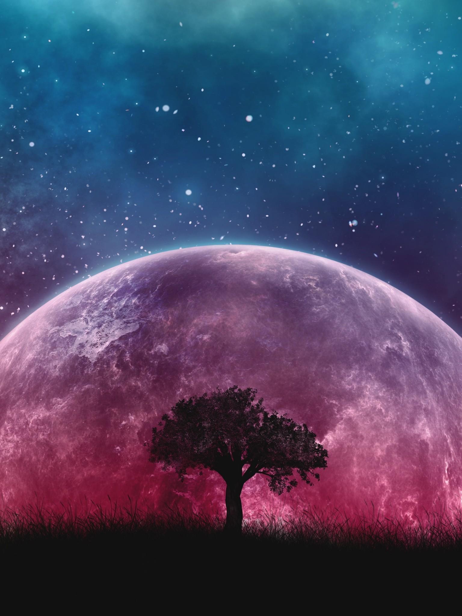 Download 1536x2048 Big Moon, Nebula, Stars, Lonely Tree, Galaxy