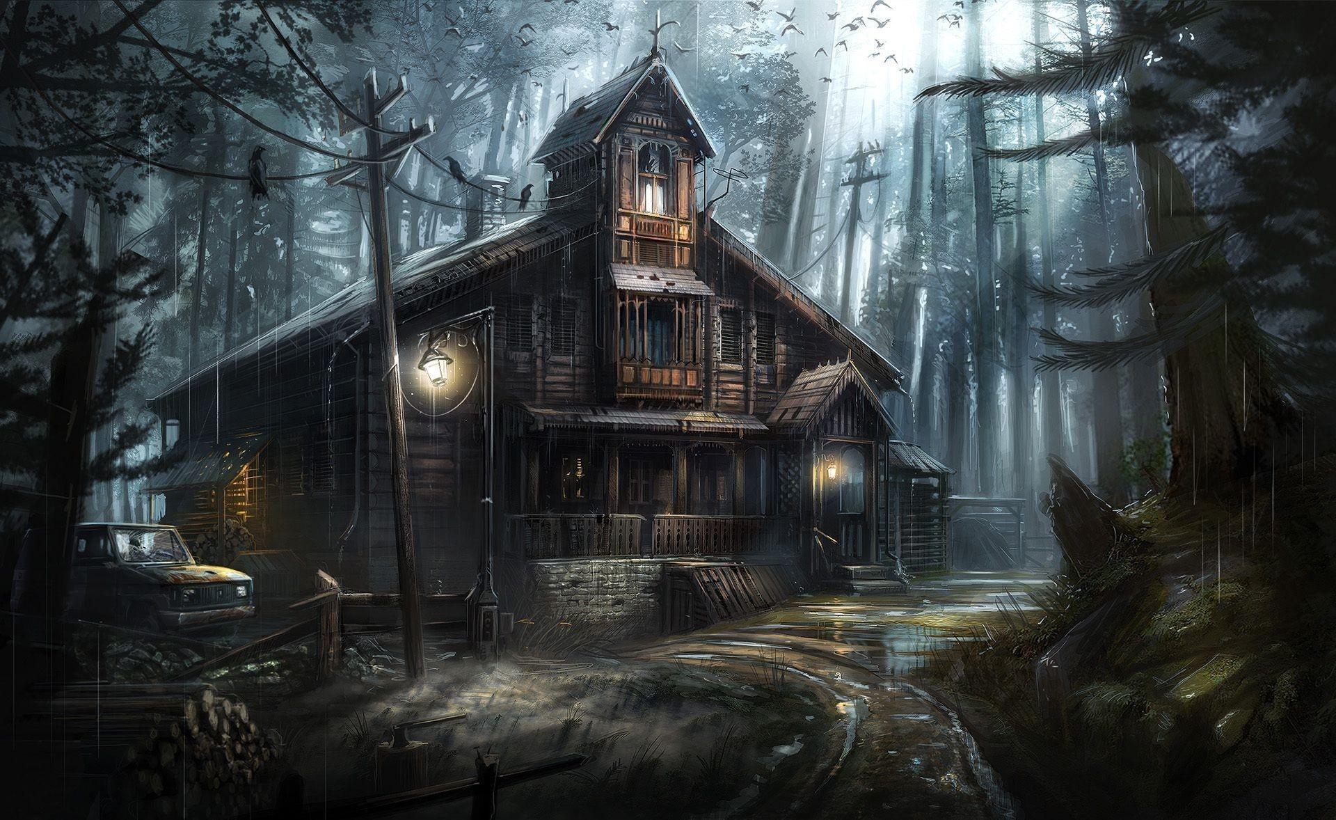 artwork house forest spooky wallpaper and background