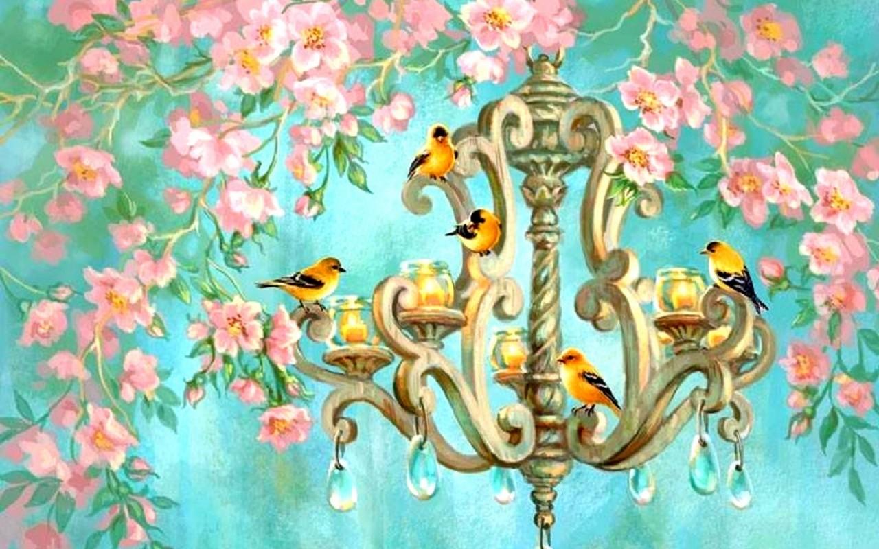 Birds Chandelier Pink Flowers wallpaper. Birds Chandelier Pink