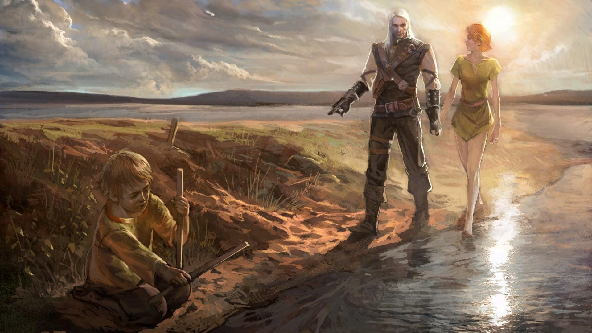 Man and woman walks beside leaning boy painting, The Witcher, video
