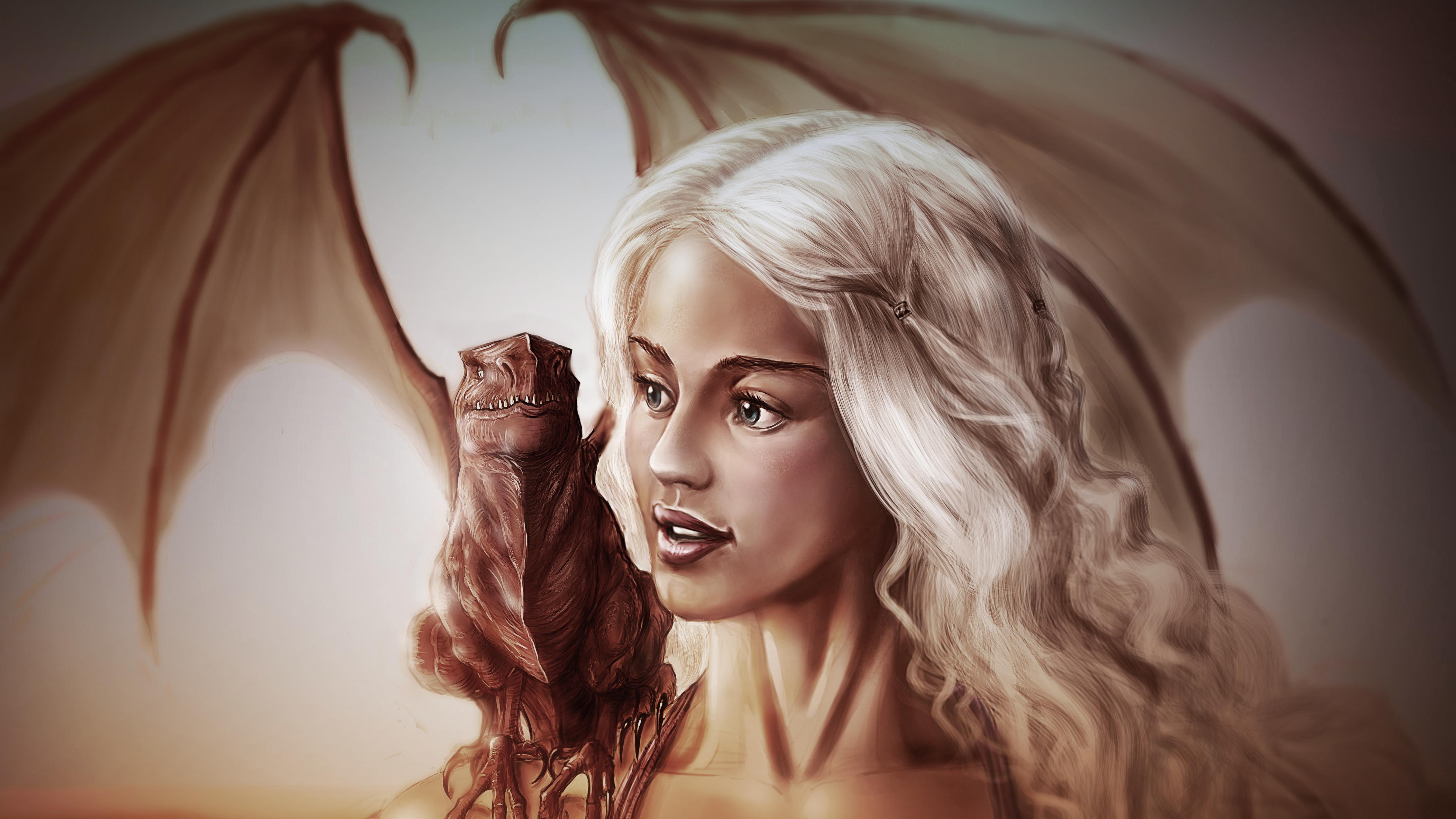 Emilia Clarke, Game of Thrones, Daenerys Targaryen, Girl, Dragon 5K