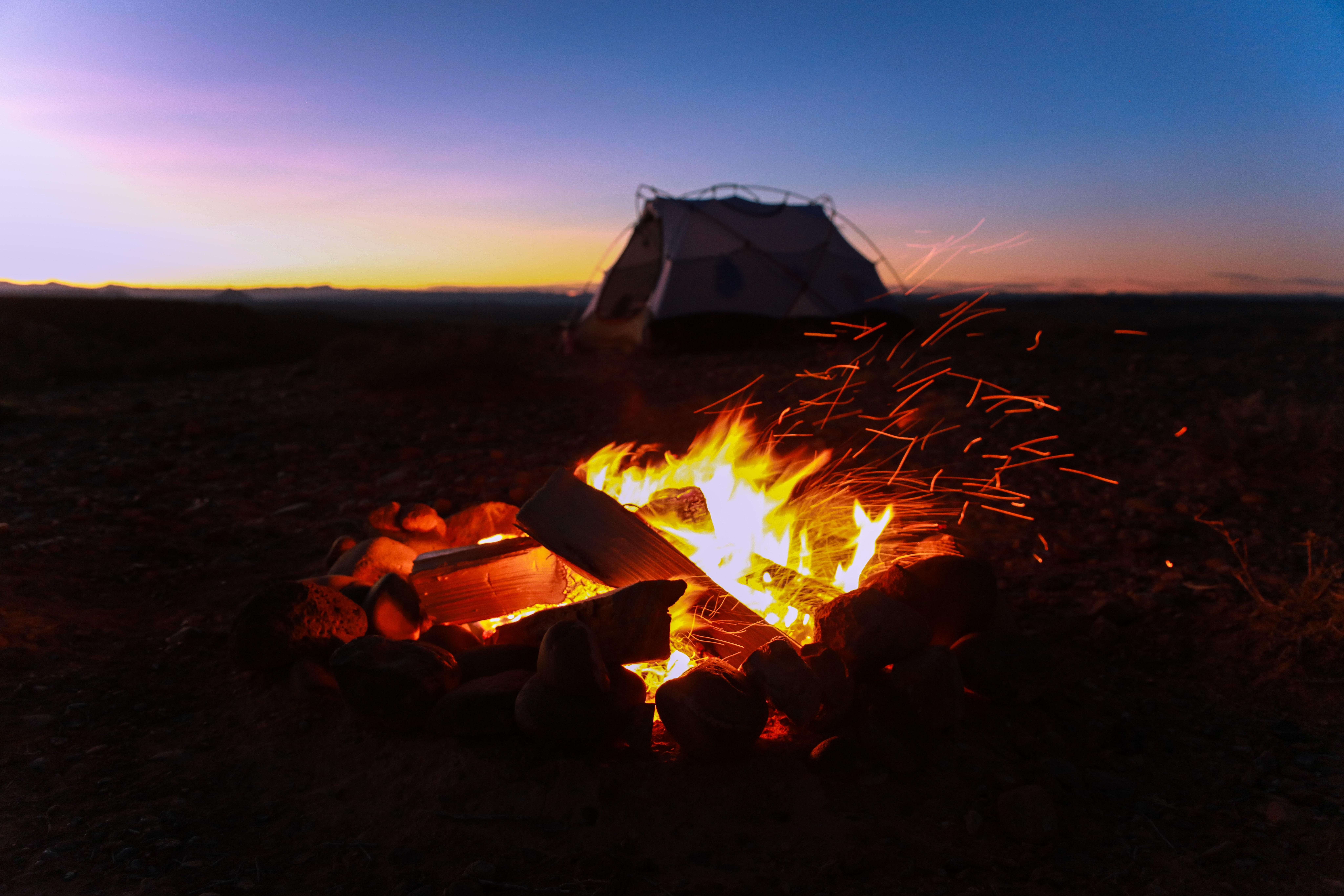 Campfire at a Campsite 8k Ultra HD Wallpaper. Background Image