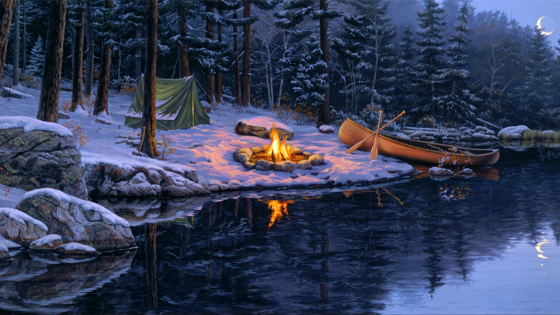 Winter Campfire Painting [1920x1080]