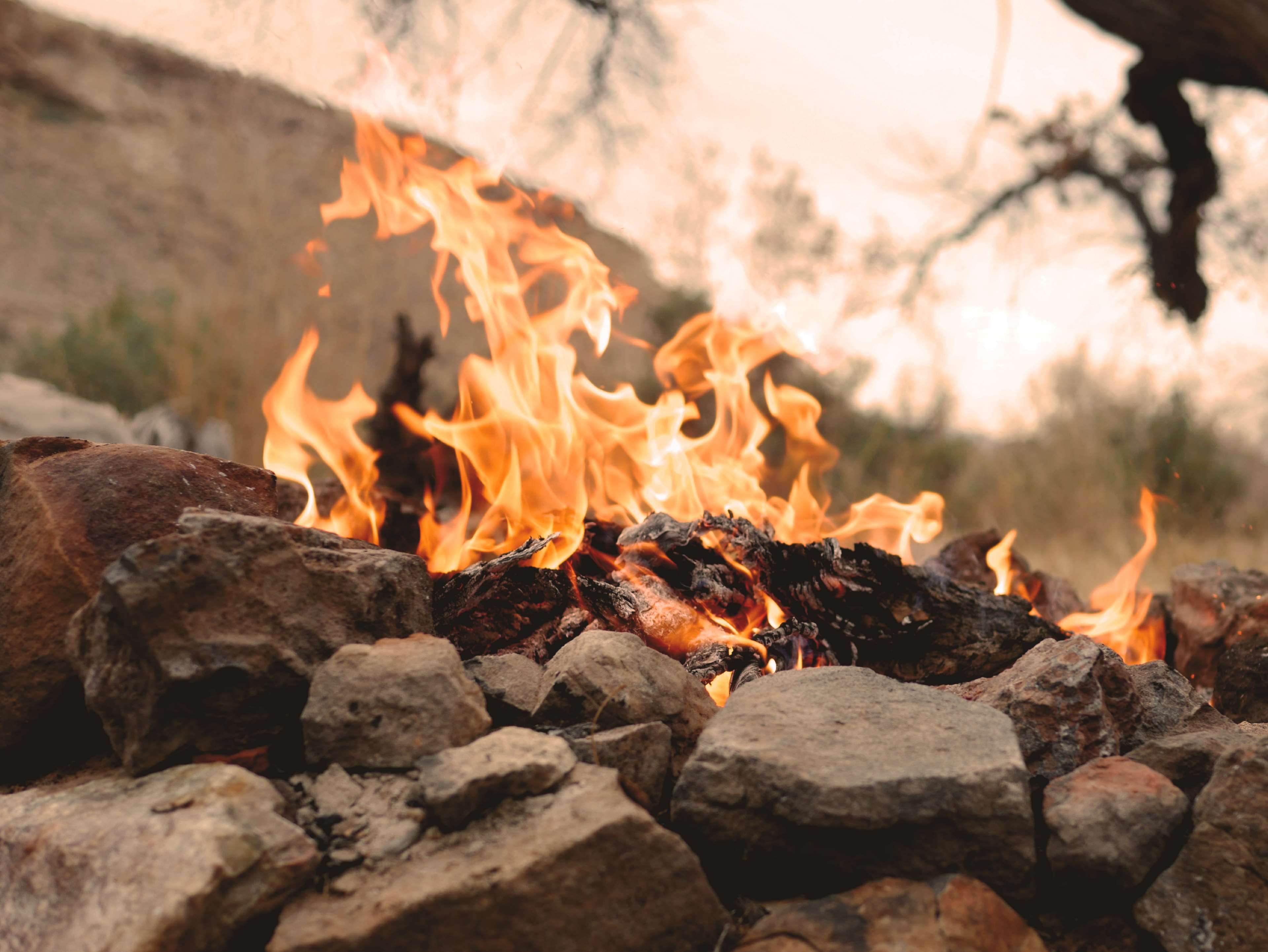 campfire, camping, fire, firepit, rock pit 4k wallpaper