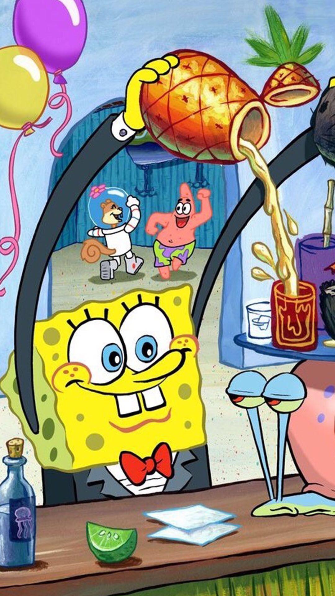 Spongebob Gary Patrick pouring a drink Krusty Krab. Phone wallpaper
