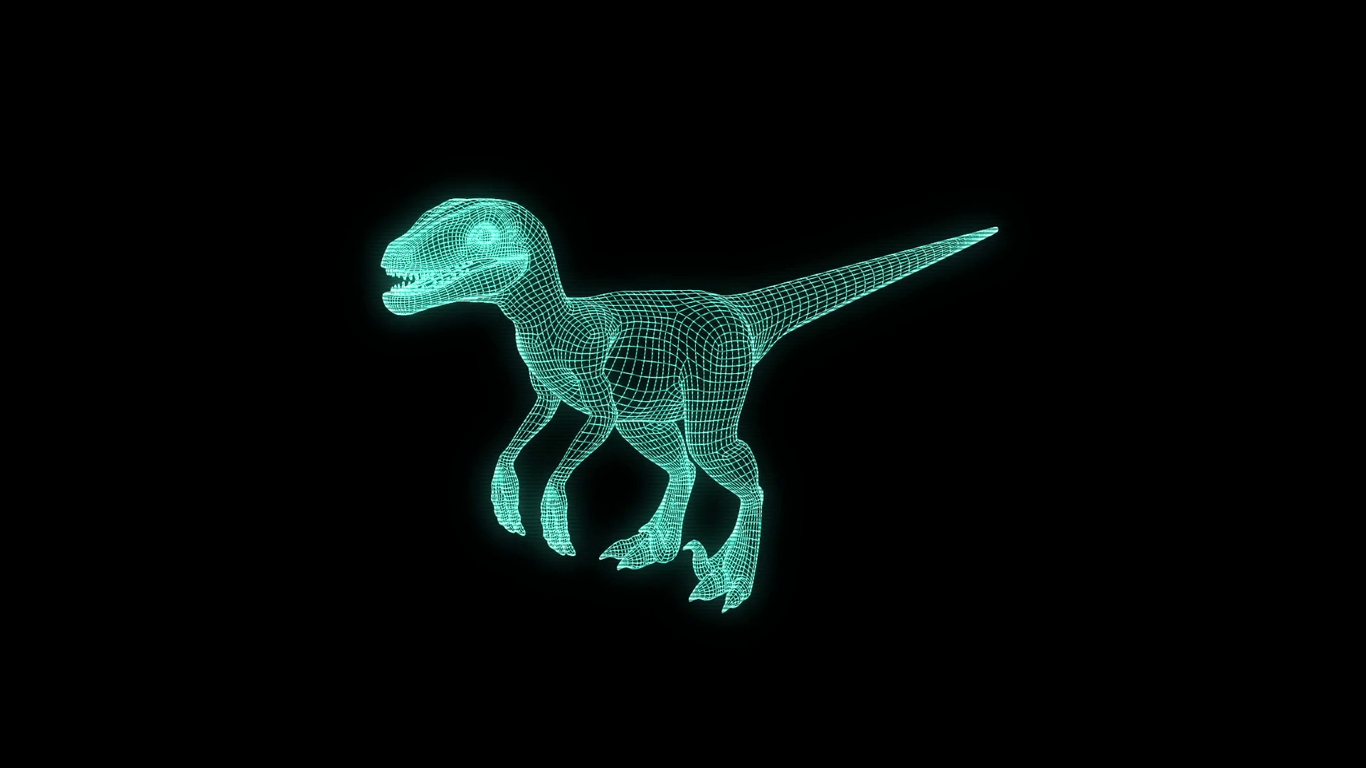 Dinosaur Raptor in Hologram Wireframe Style. Nice 3D Rendering Motion Background