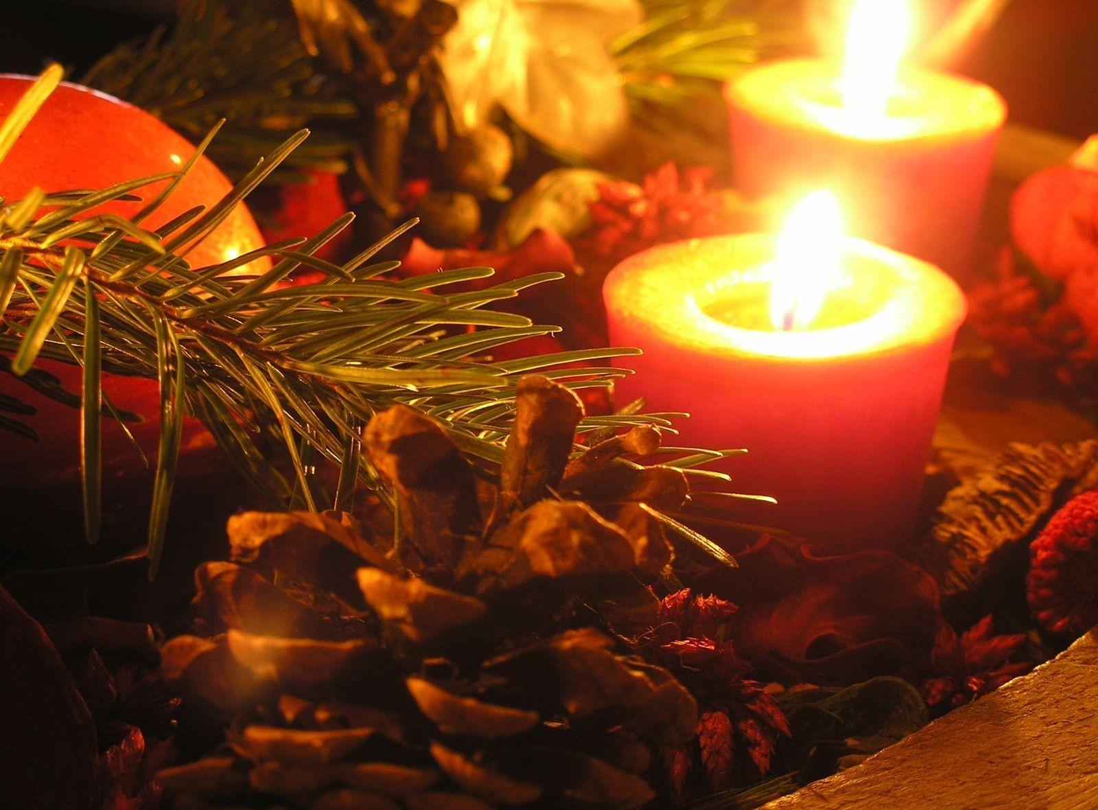 Candles Bump Pine Needles Fire Close Up Christmas Stock
