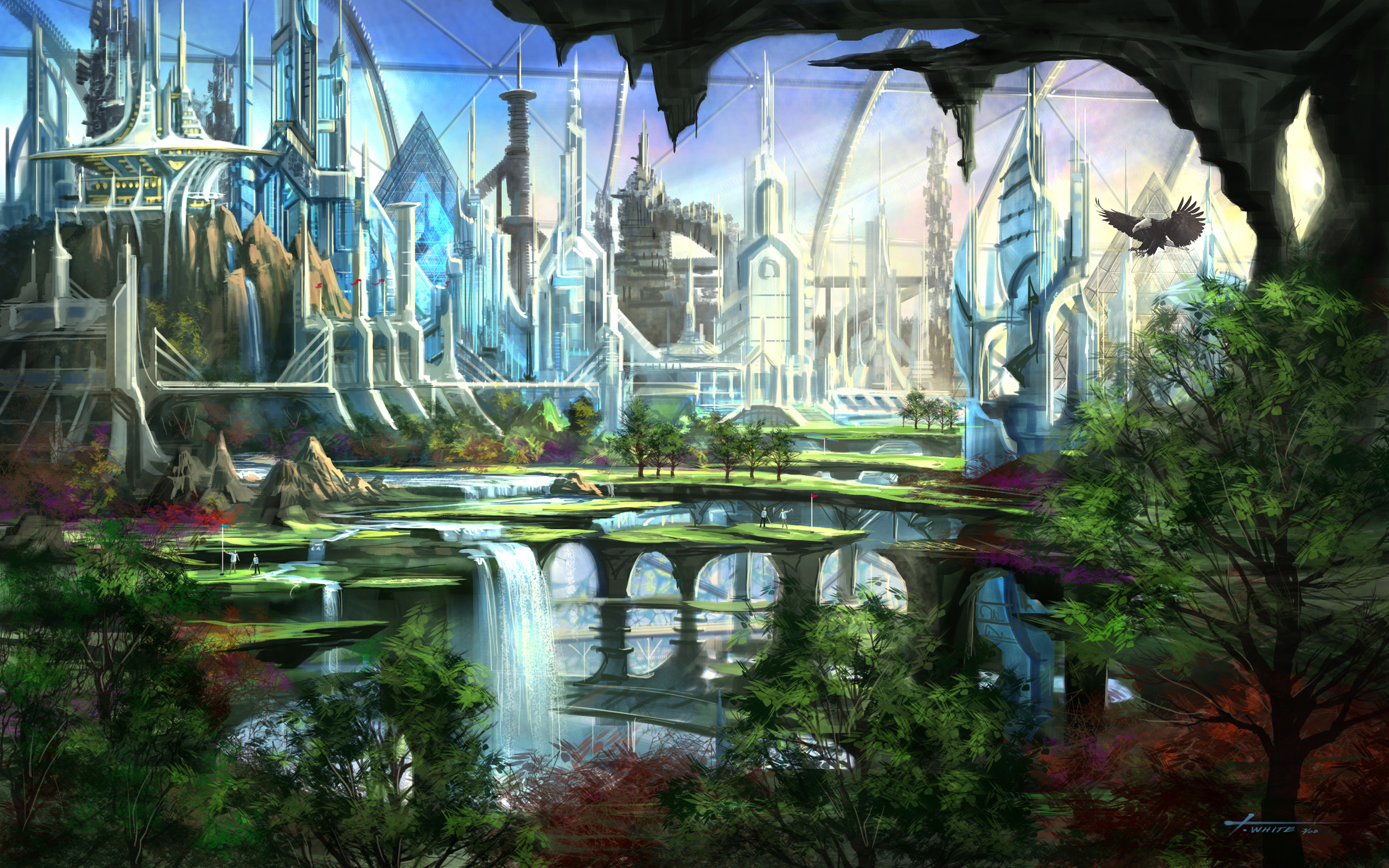 Cityscapes futuristic garden fantasy art waterfalls wallpaper