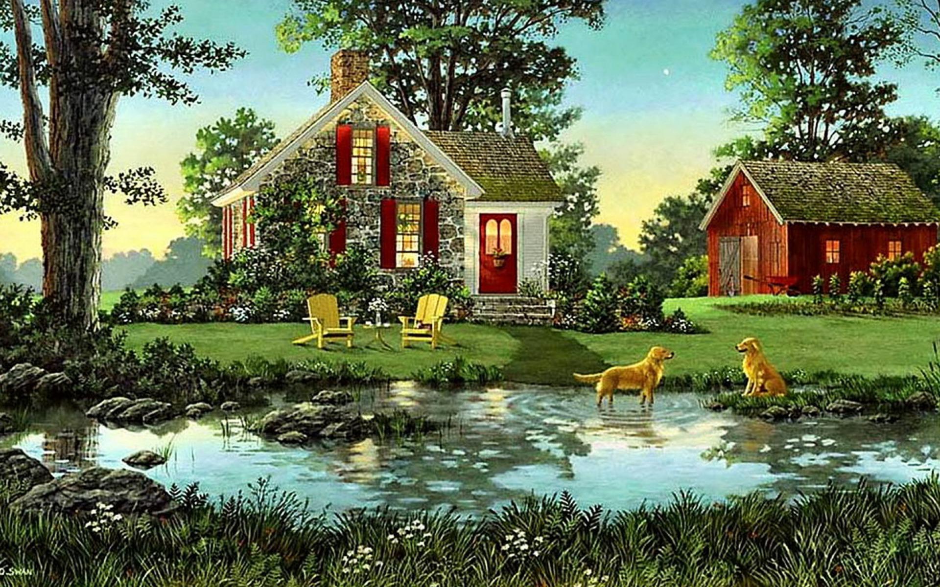House Shed Dogs Pond Nature wallpaper. House Shed Dogs Pond Nature