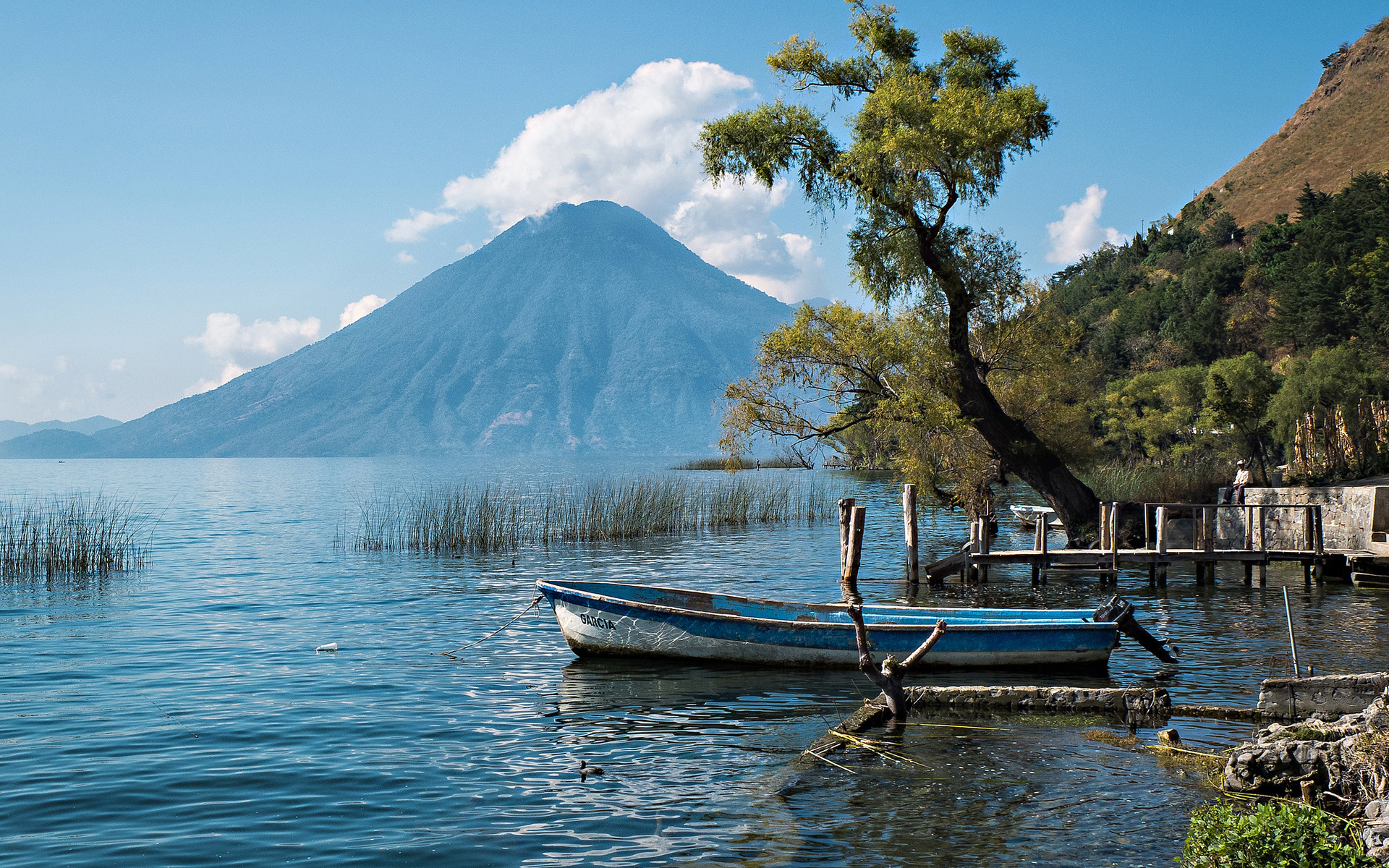 Guatemala boat tree lake volcano lakes boats reflection wallpaper