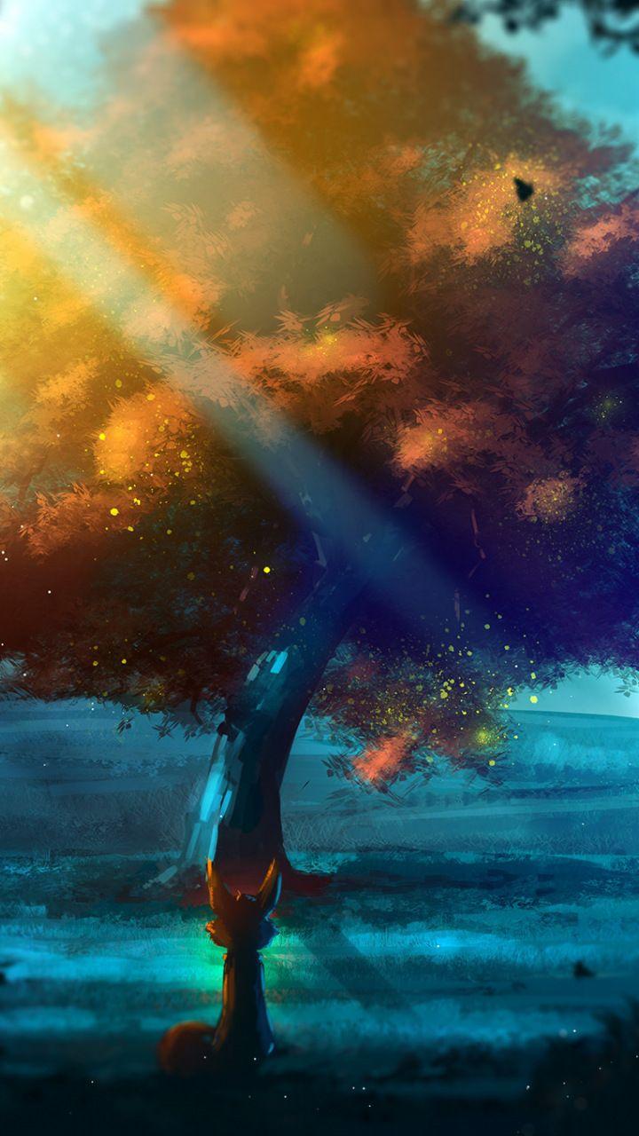 Tree, nature, fantasy, fox, artwork, 720x1280 wallpaper. Fantasy