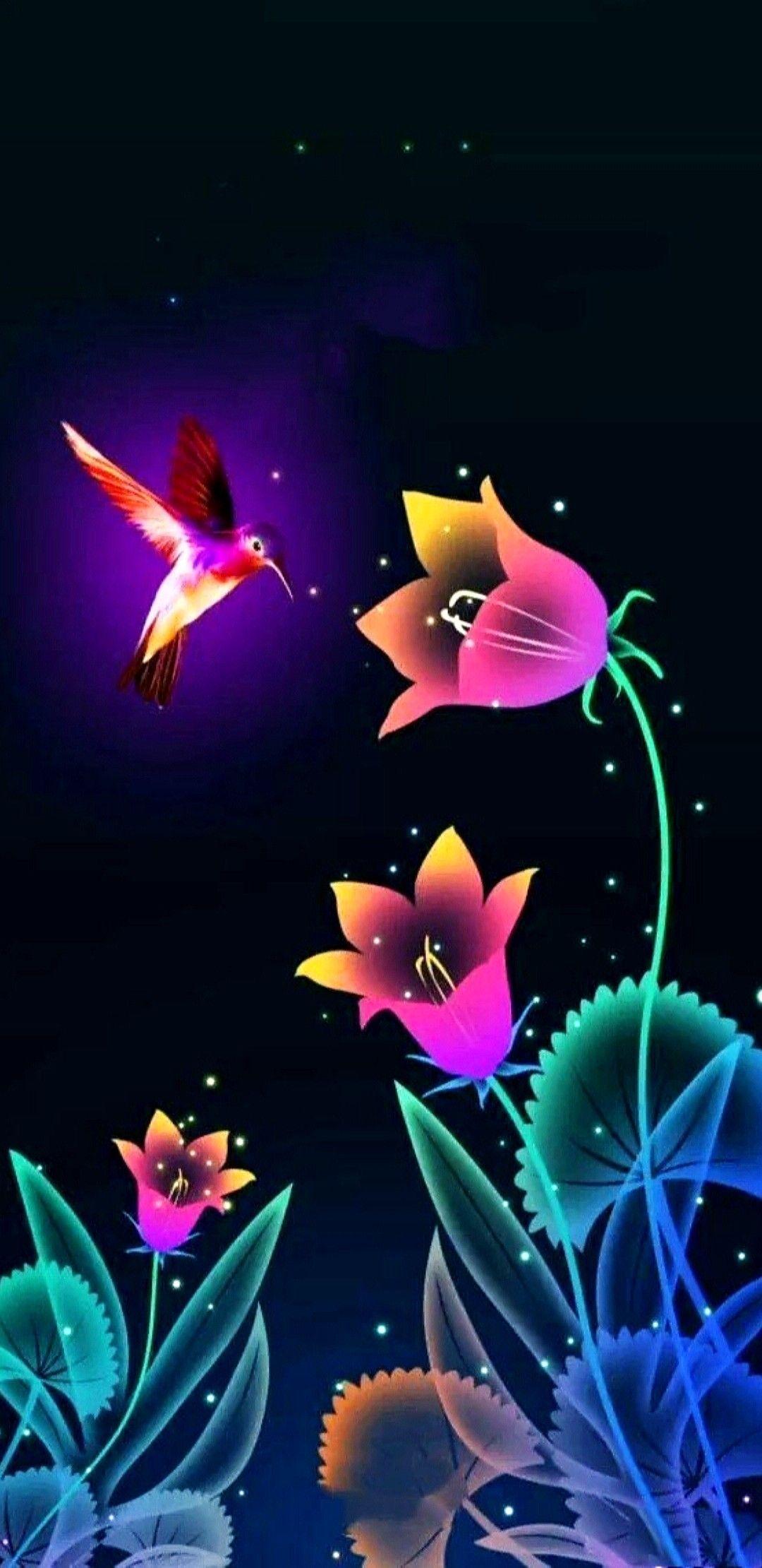 Colorful Hummingbird & Flowers.. Abstract Wallpaper