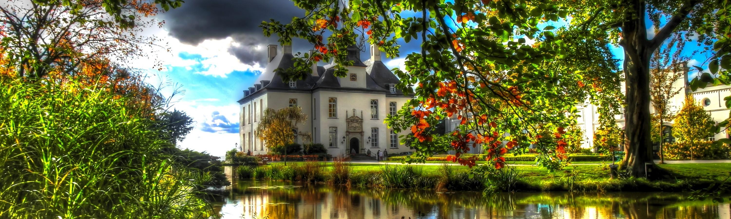 Download 3000x900 Big House, River, Water Reflection, Like Fairytale