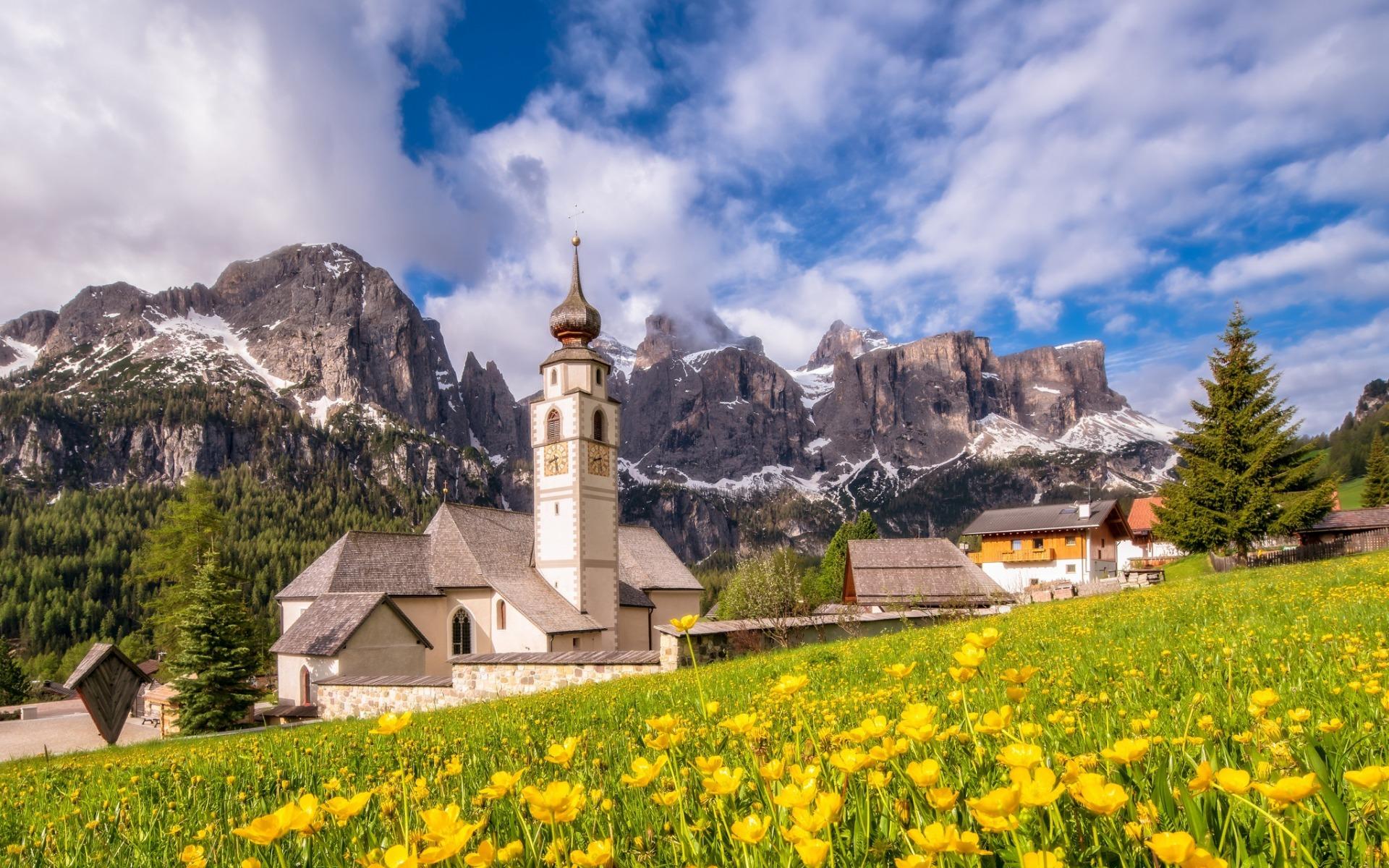 Download wallpaper Dolomite Alps, summer, church, mountain