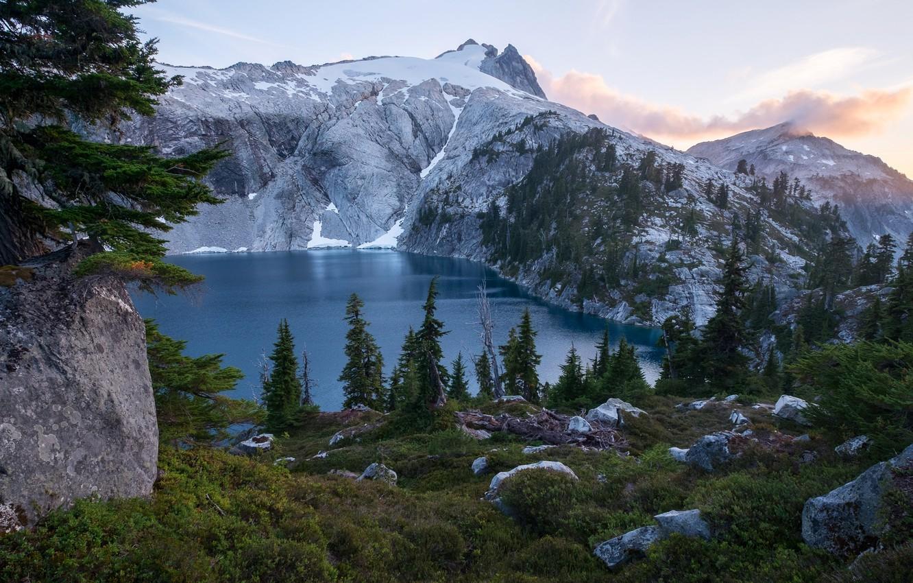Wallpaper forest, snow, trees, mountains, lake, stones, rocks, USA