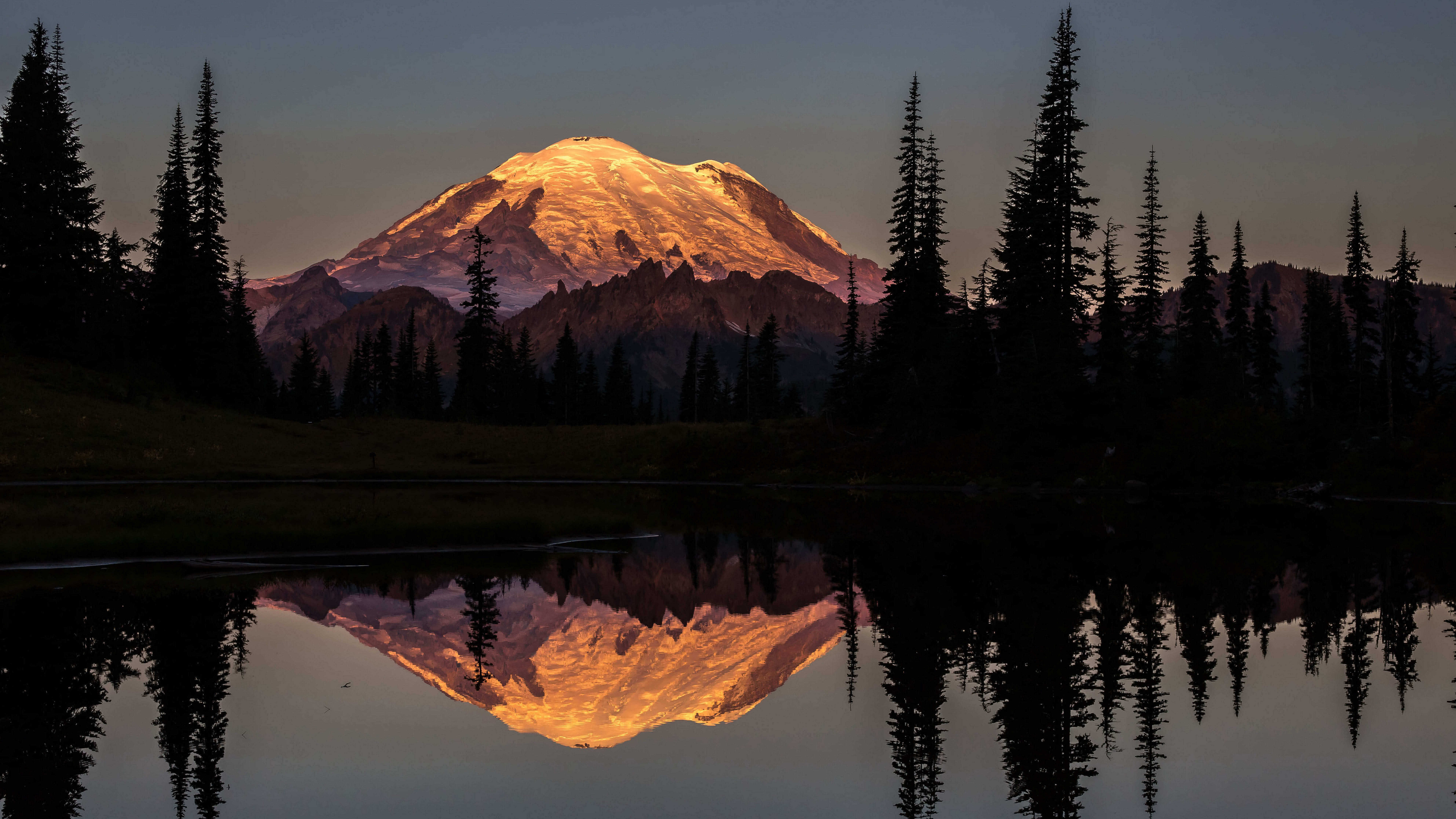 Sunset At Tipsoo Lake Mount Rainier National Park UHD 8K Wallpaper
