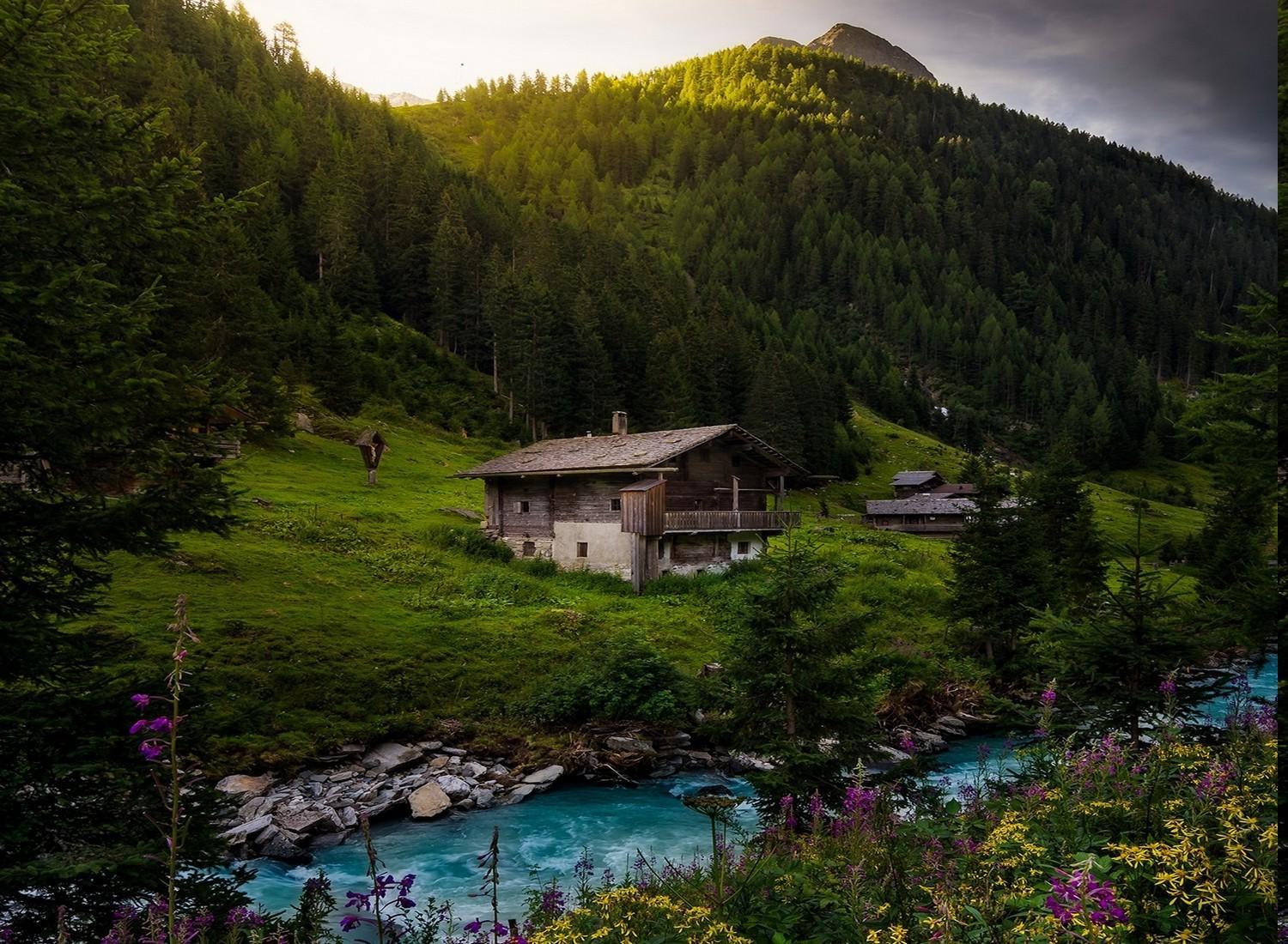 nature, Landscape, River, Cottage, Forest, Alps, Wildflowers