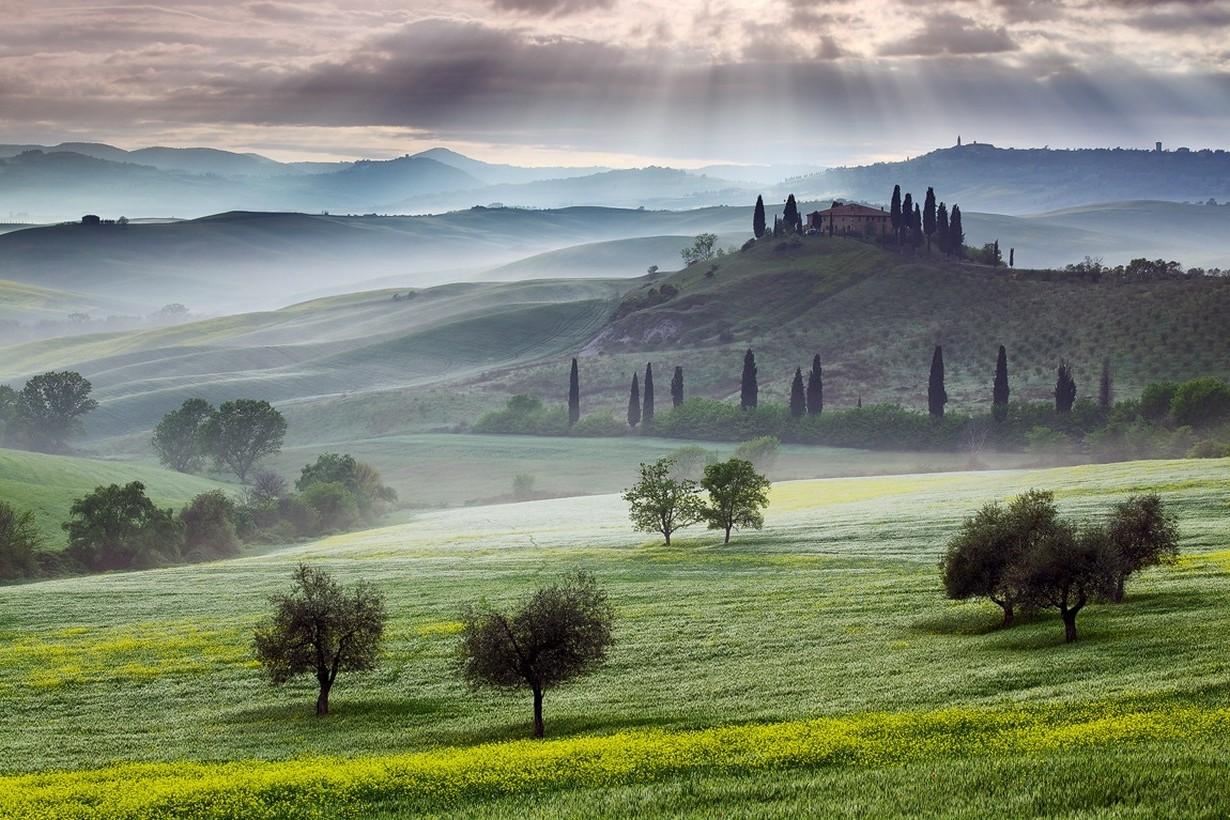 mist, Sunrise, Valley, Nature, Italy, Mountain, Hill, Trees
