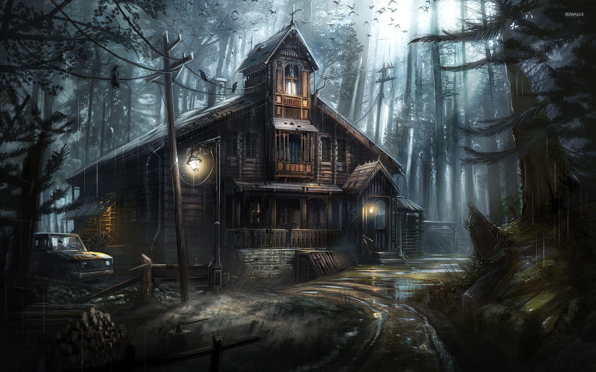 Creepy wooden house in the forest wallpaper Art