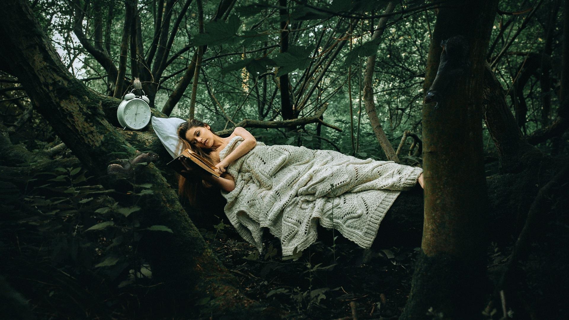 Wallpaper Girl sleep in the forest, read a book 1920x1200 HD Picture
