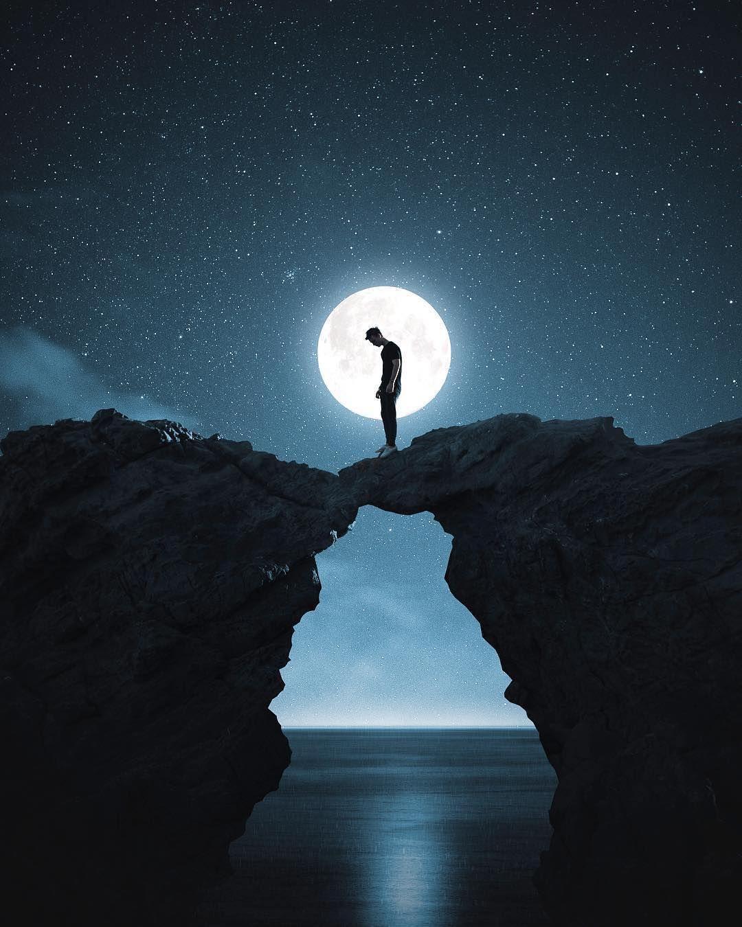 HD wallpaper silhouette of man looking at moon person standing on  mountain  Wallpaper Flare