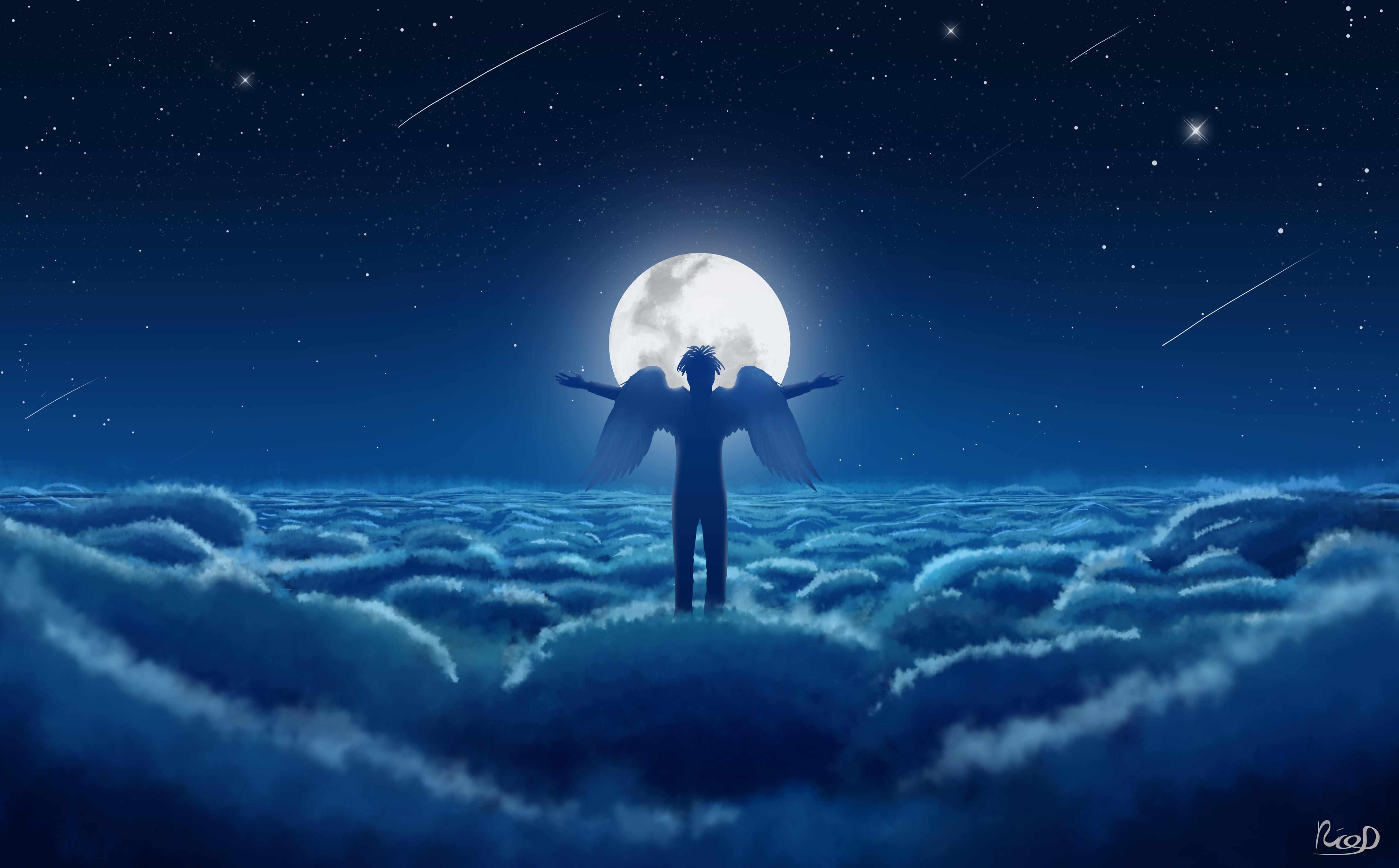 wallpaper angel, sky, wings, moon, clouds HD, Widescreen, High