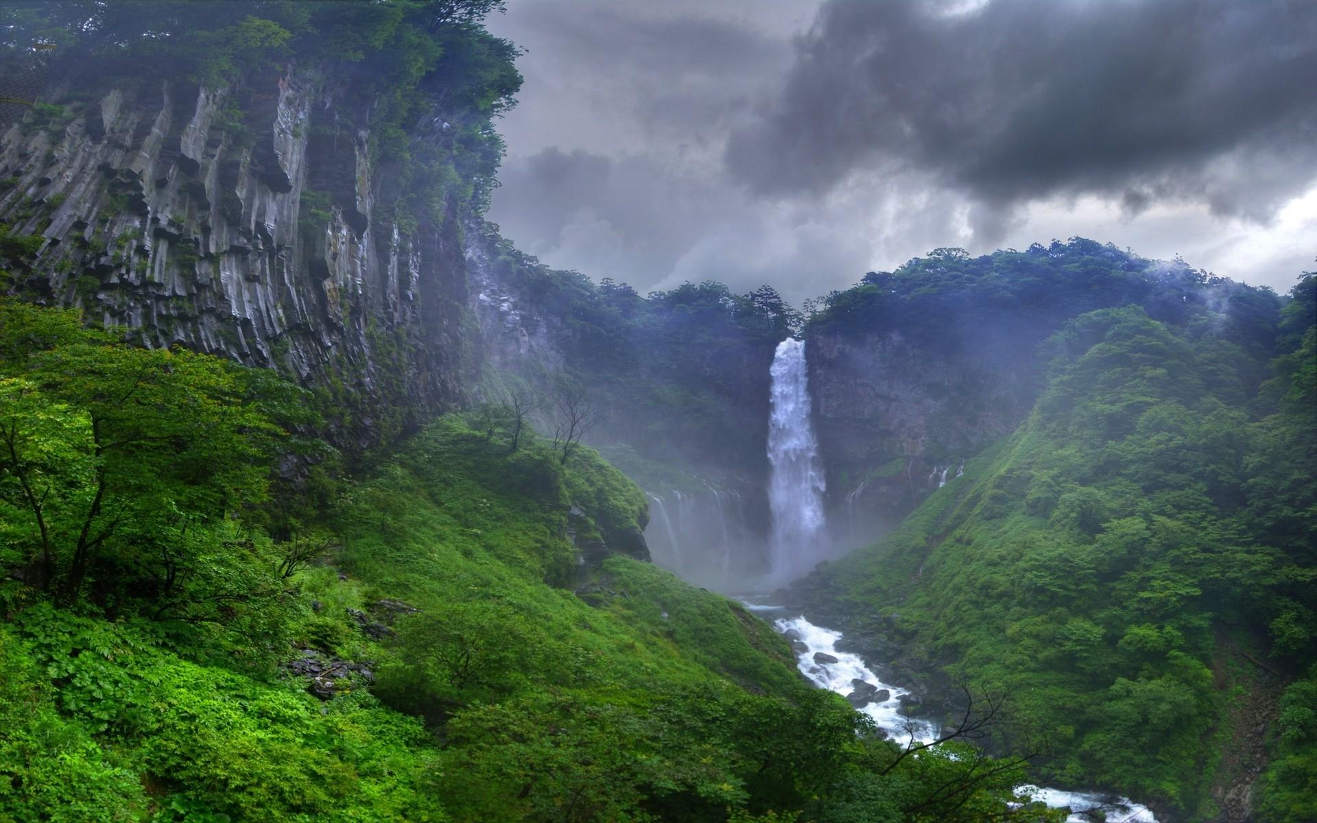 nature landscape waterfall river forest clouds japan mist